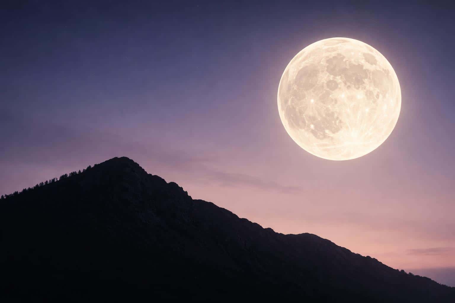 Wide 3:2 landscape photograph of a dark mountain silhouette under an oversized pale moon, with soft twilight tones and generous sky negative space for poster use.