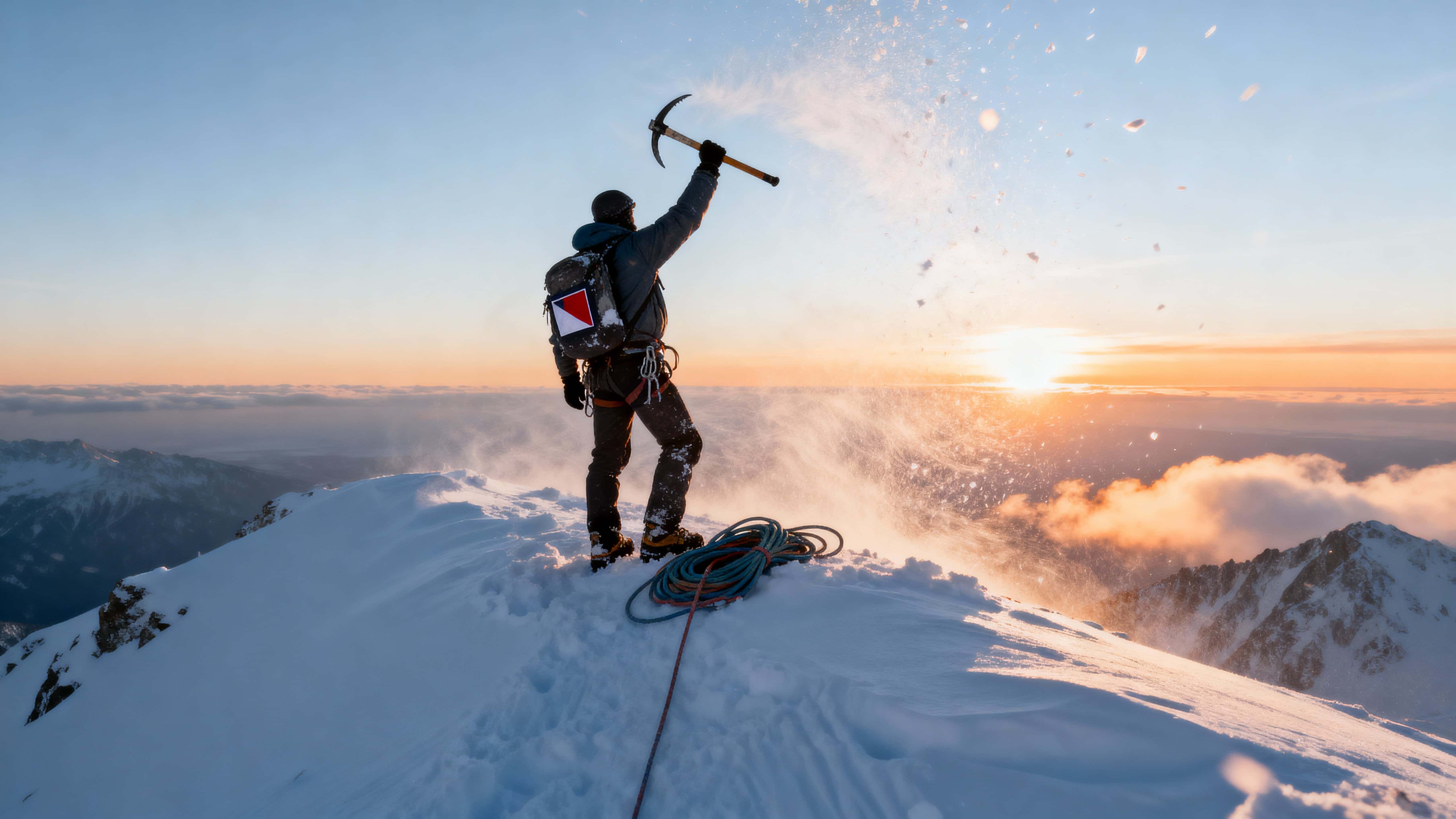A lone mountaineer stands on a snowy summit, raising an ice axe toward a rising sun while wind lifts particles of snow, conveying epic triumph and the resilience of the human spirit.