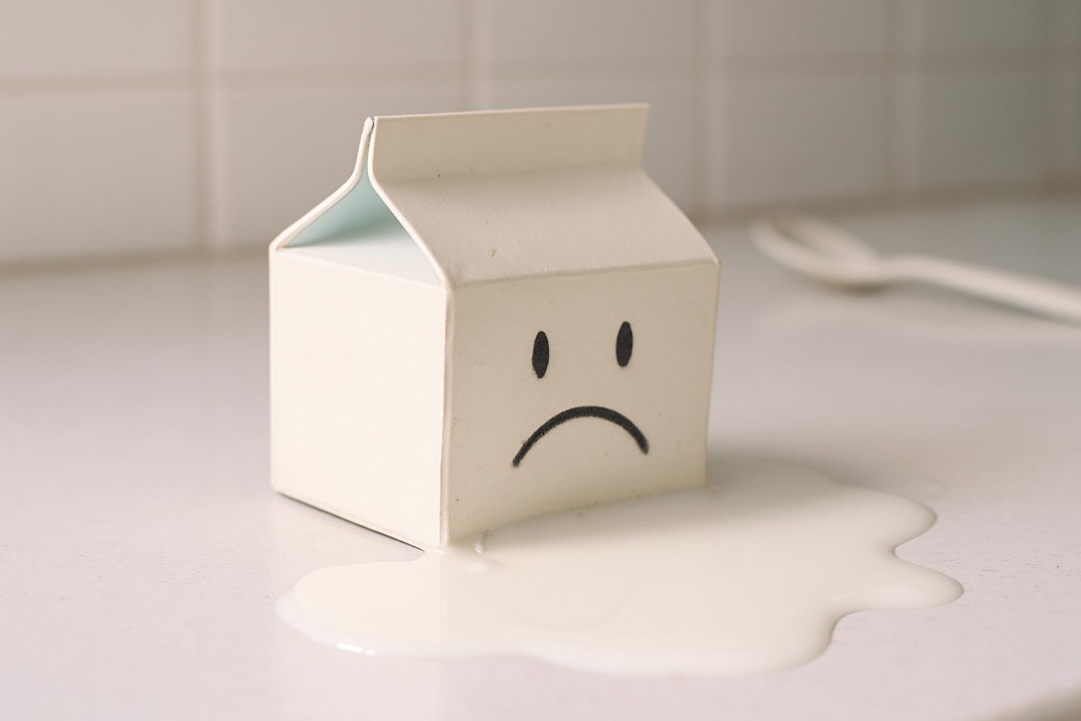 A single overturned milk carton with a drawn sad face sits amid a small pool of milk on a bright kitchen surface, a tongue-in-cheek still life that literalizes the phrase 'crying over spilled milk' with tactile wetness and regretful quiet.