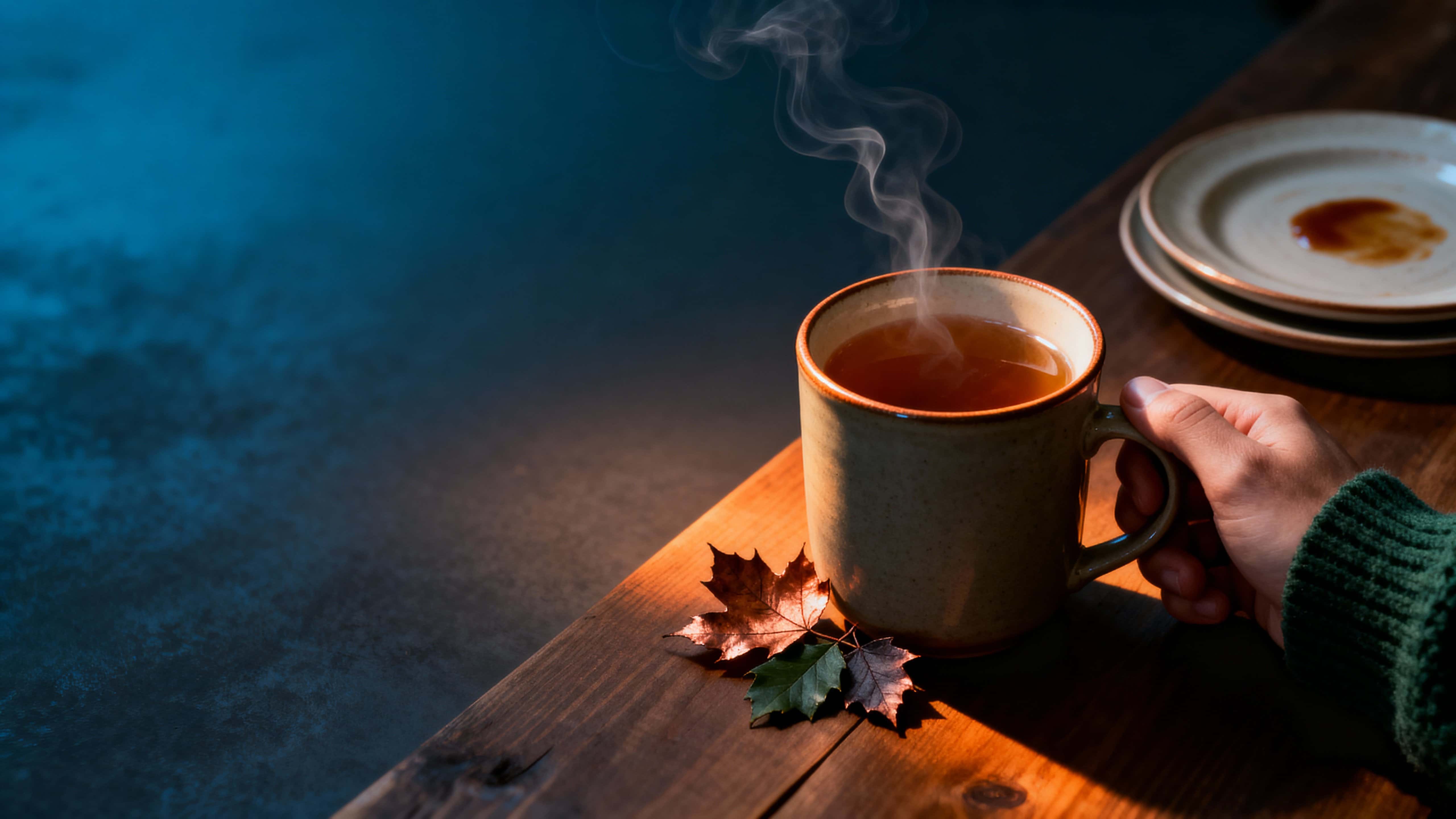 Close 16:9 tabletop scene of a matte ceramic mug of steaming tea, a relaxed hand, stacked plates, and three autumn leaves at lower right with soft negative space left.