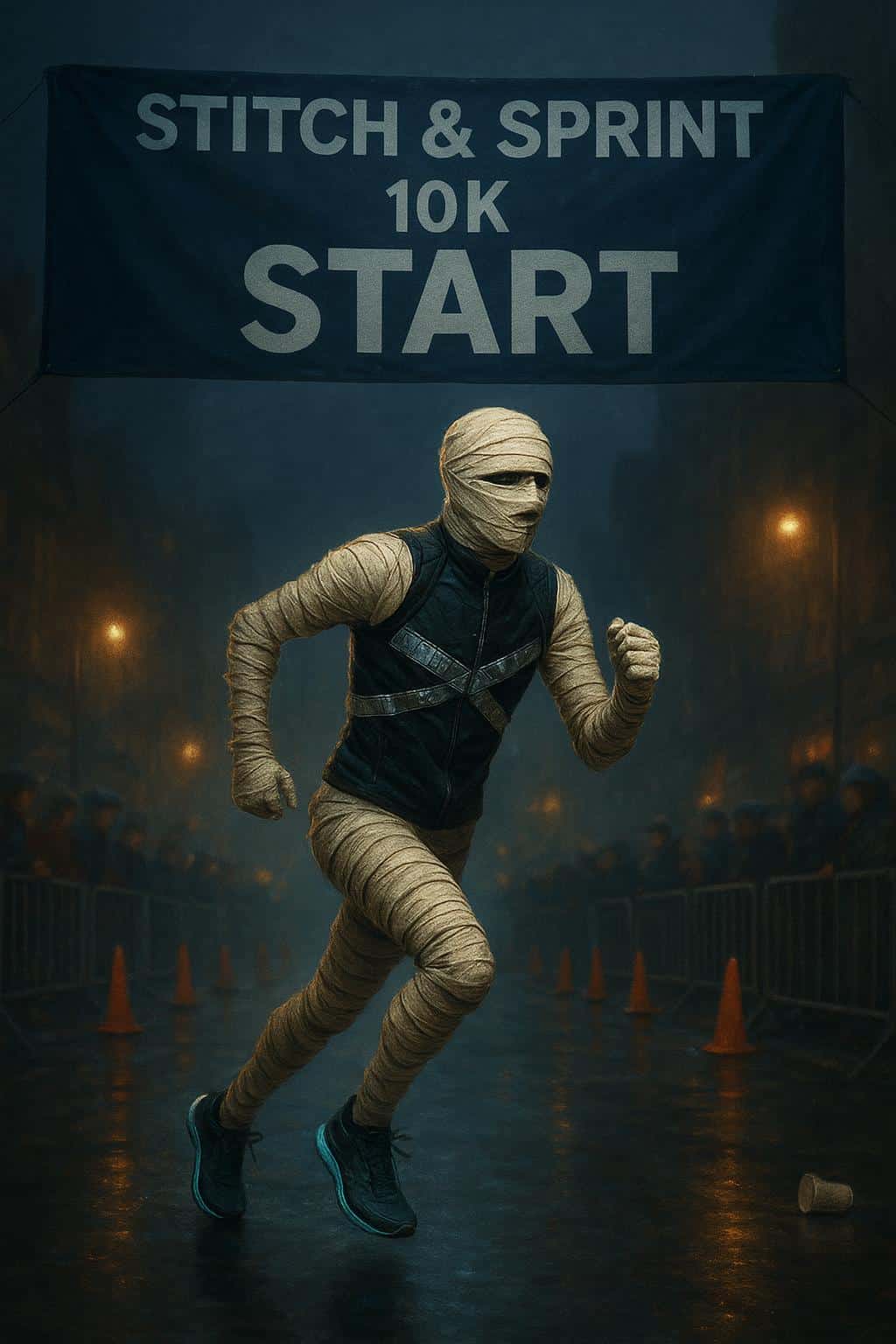 A mummy runner wrapped in layered linen and reflective tape sprints through a cordoned urban street at night under a start arch, motion blur on crowds and cones, damp asphalt reflecting shoe lights.