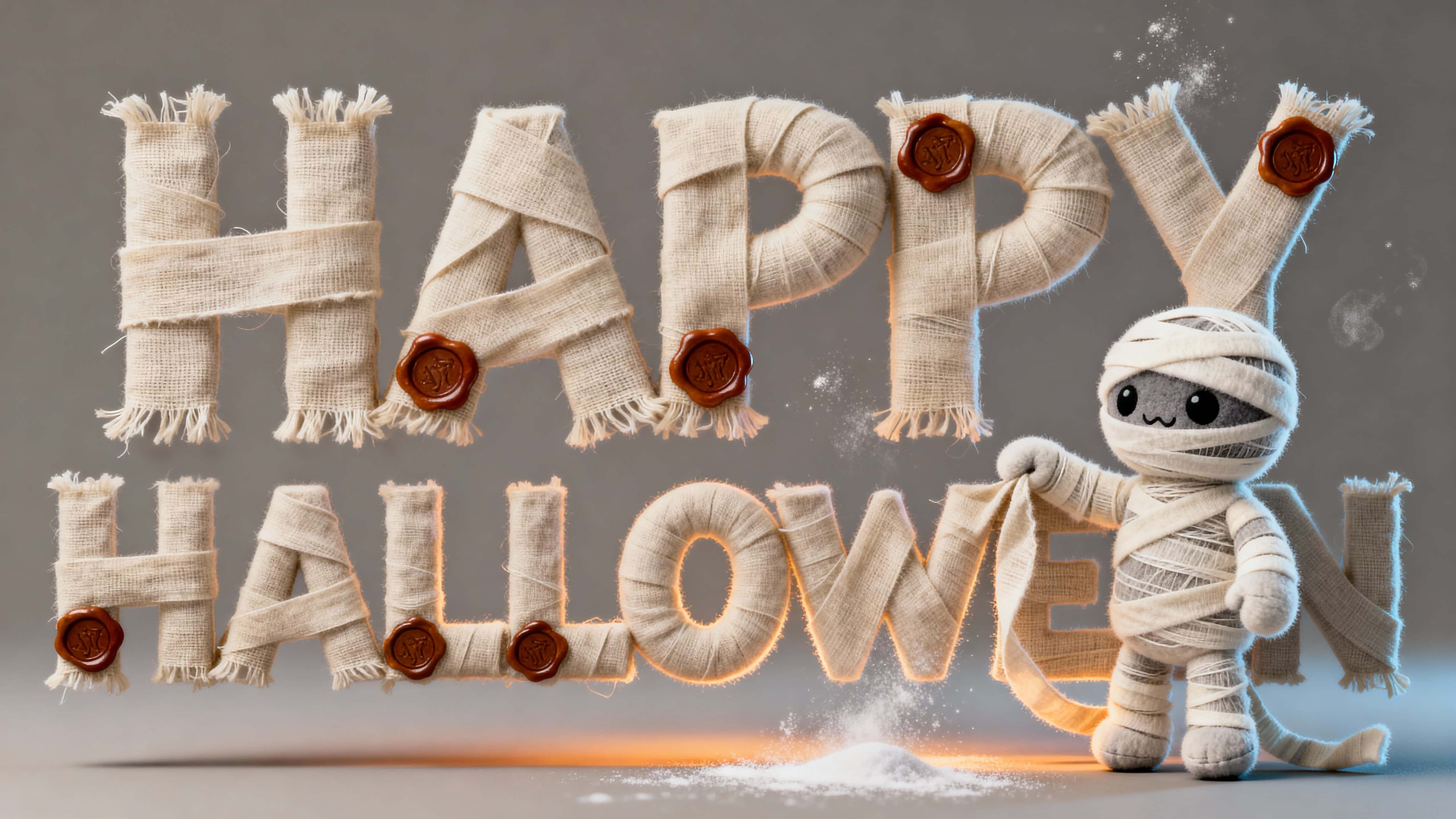 Full-frame 3D photo of 'HAPPY HALLOWEEN' wrapped in linen bandages with frayed edges and deep-berry wax seals while a cuddly gauze-and-fleece mummy rewraps the Y's tail, bathed in warm amber and cool cerulean light with pale talc dust.