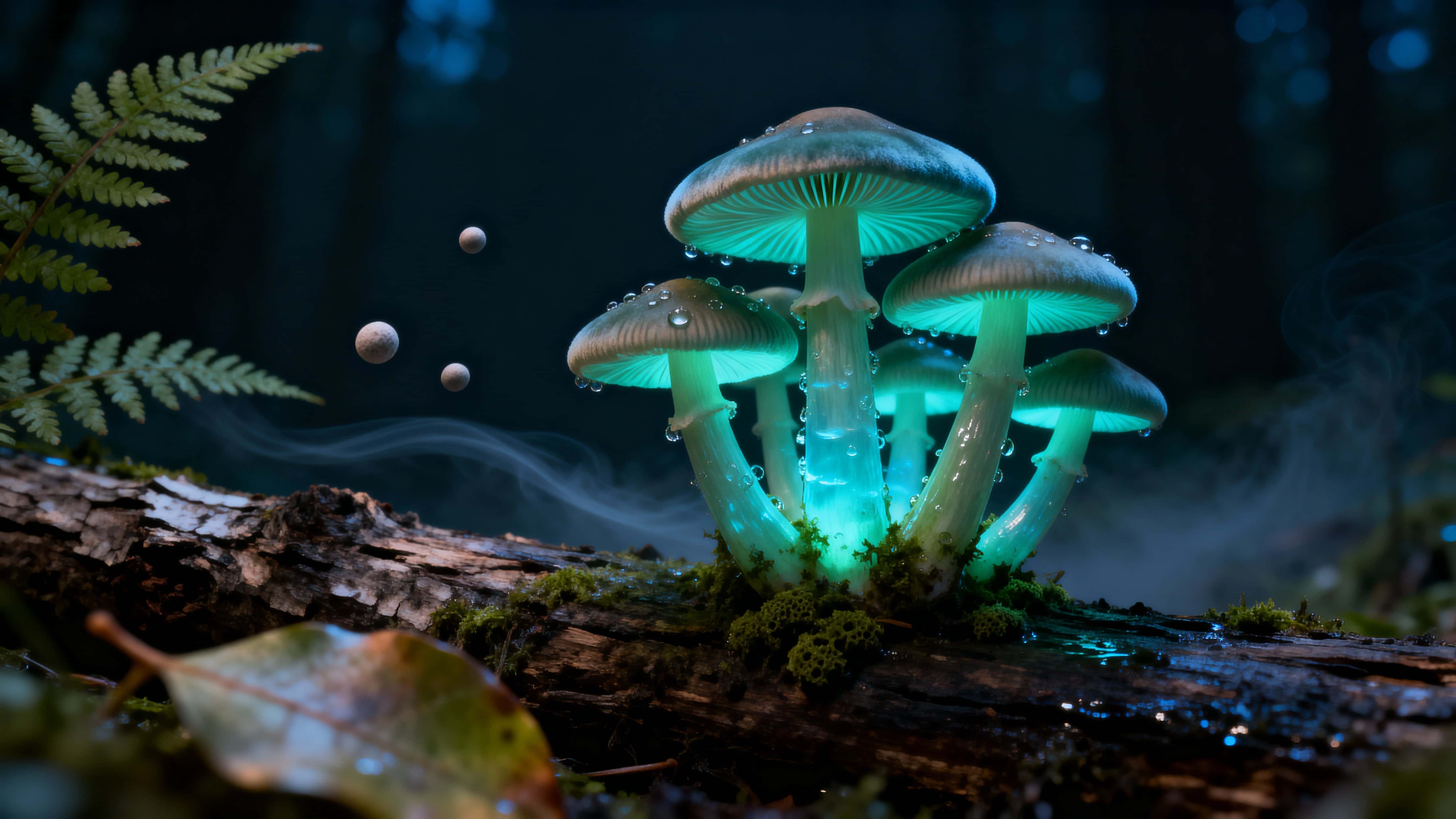 A luminous cluster of forest mushrooms rises from a damp log in a nocturnal grove, cobalt and emerald gills self-illuminating the central cap amid soft fog and drifting spores.
