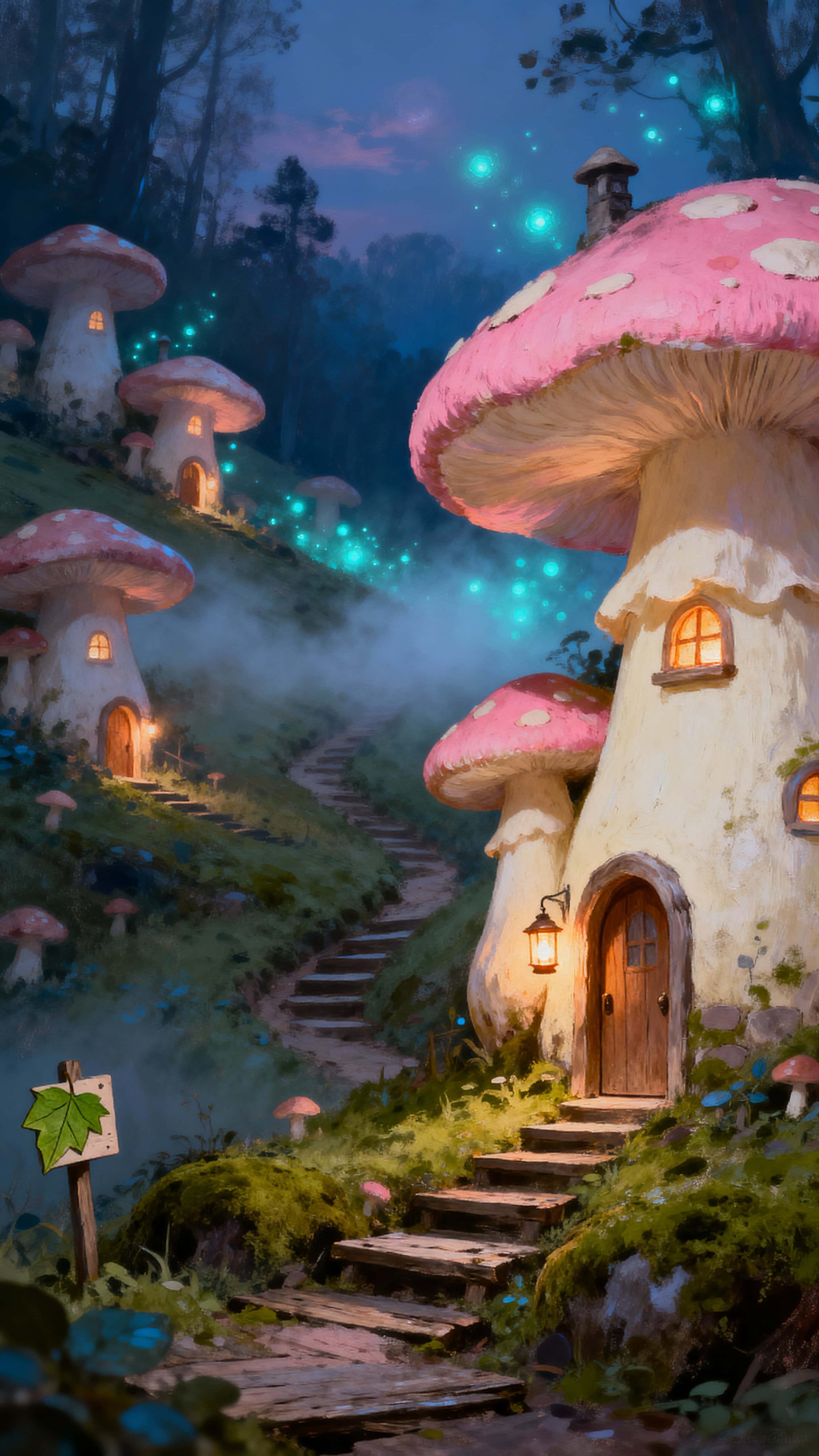 A vertical, softly illuminated mushroom village at twilight with warm bioluminescent caps and cool misted air, framed for a 9:16 crop to evoke gentle wonder and intimate exploration.