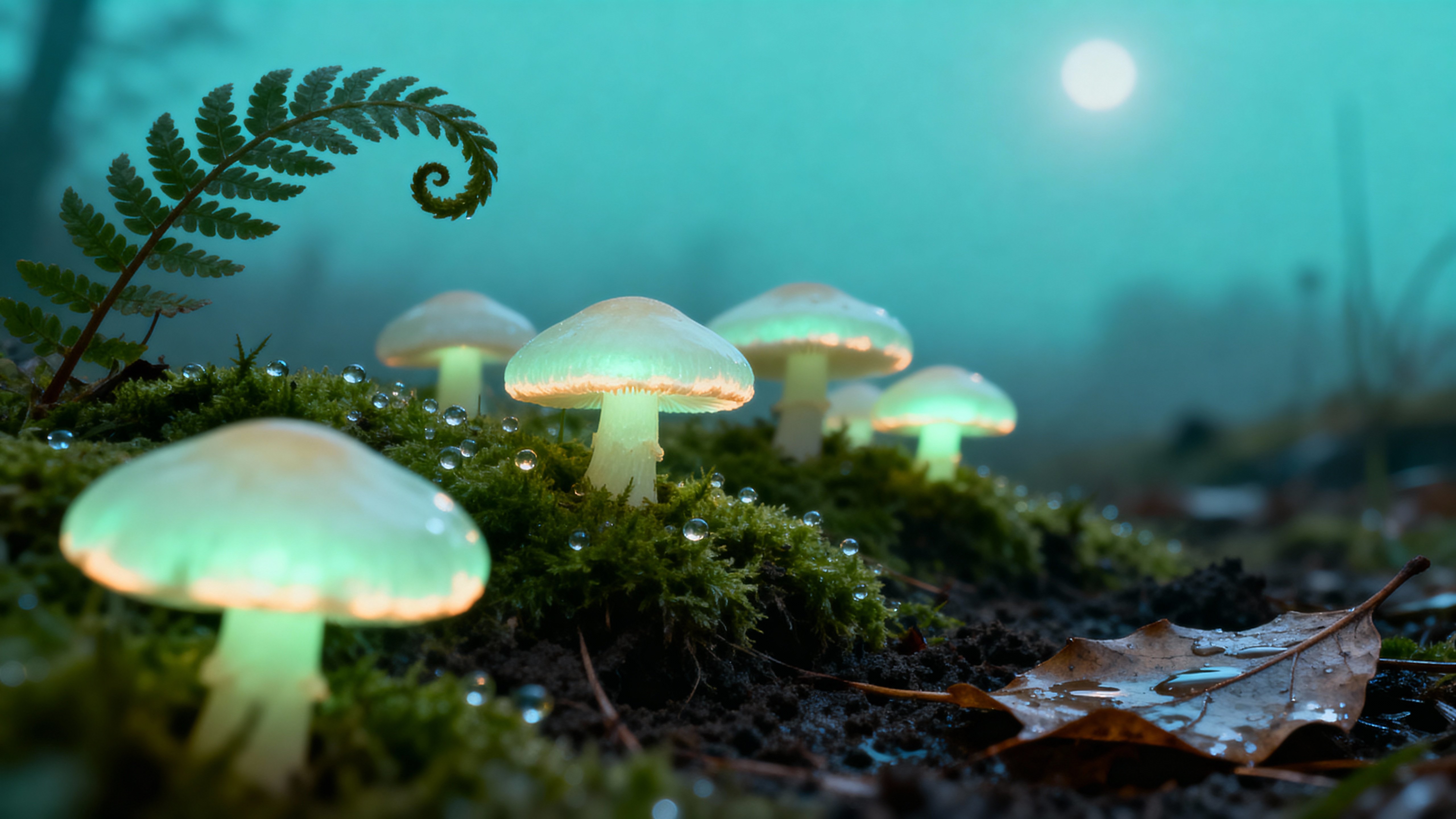 A moonlit scene of luminescent mushrooms clustered on a mossy forest floor with soft cool glows, dewy textures, and a shallow, cinematic 16:9 framing.