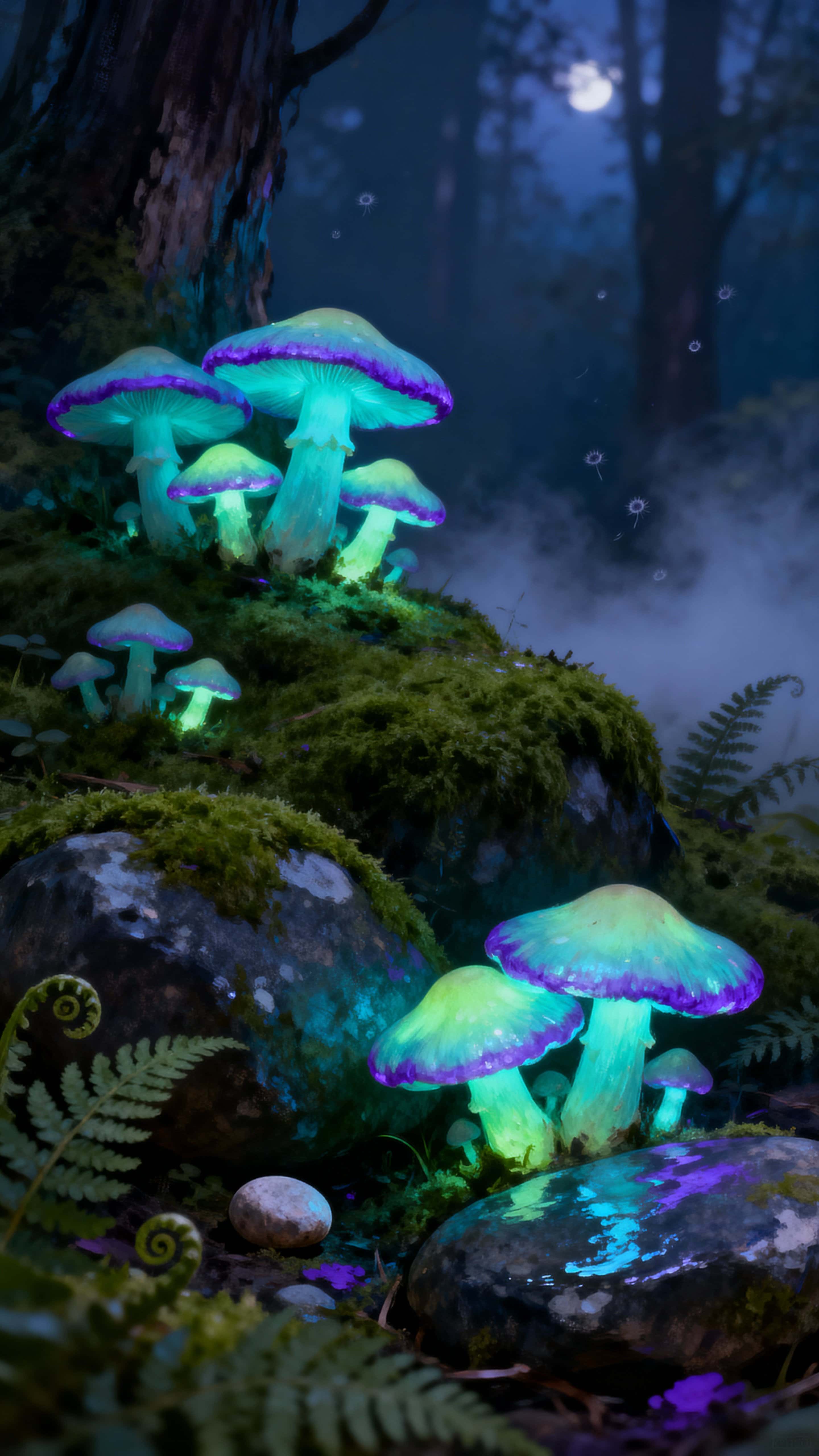 Moonlit glowing mushrooms spread across damp moss in a vertical 9:16 scene, their bioluminescent caps casting soft indigo, teal, lime, and violet reflections while cool mist frames the tall crop.