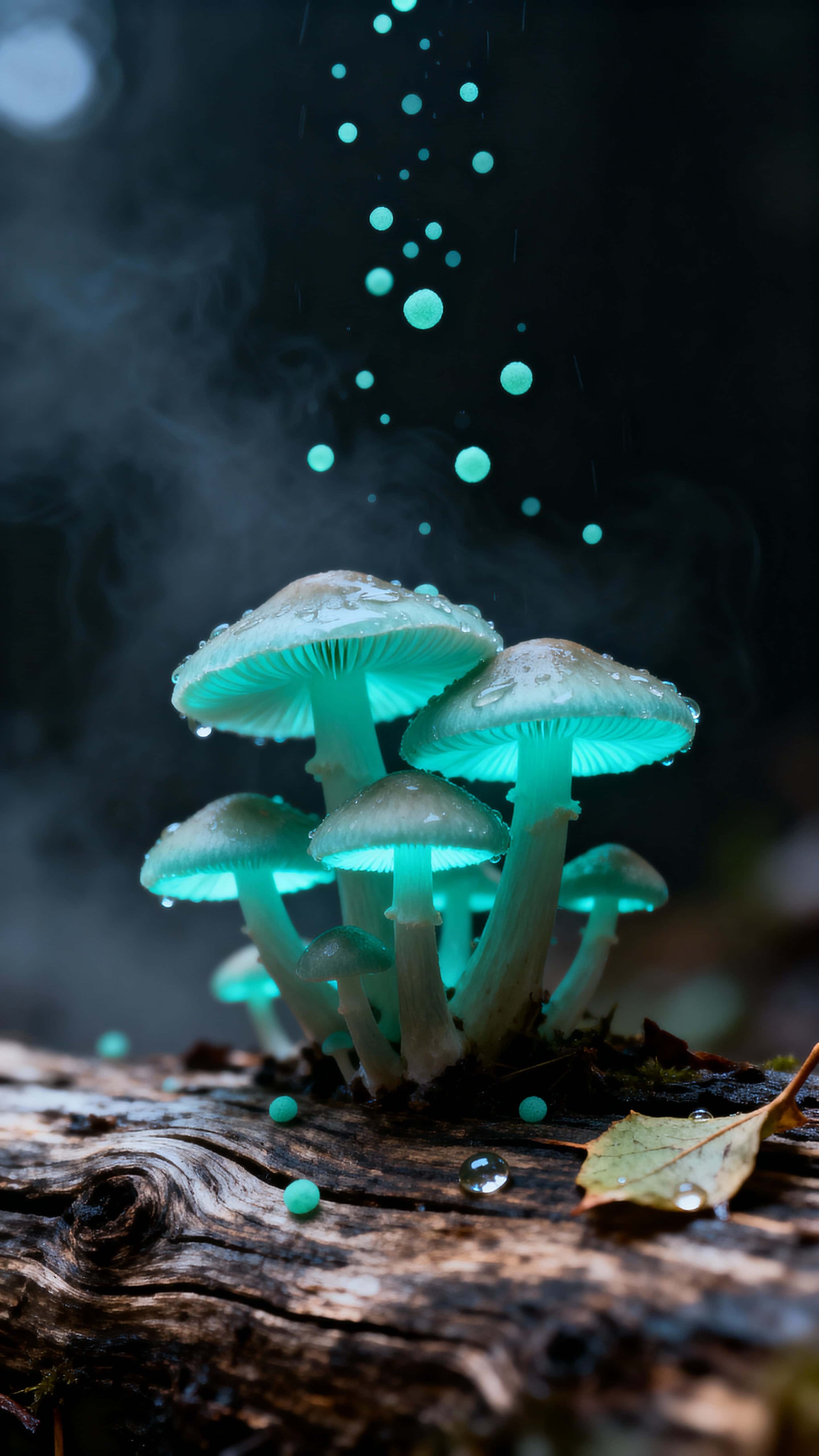 Macro view of glowing teal-gilled mushrooms clustered on damp driftwood in a vertical frame, mint motes float and shallow depth keeps the foreground crisp while forest hints fade to black, with specific negative space and dark corner zones.