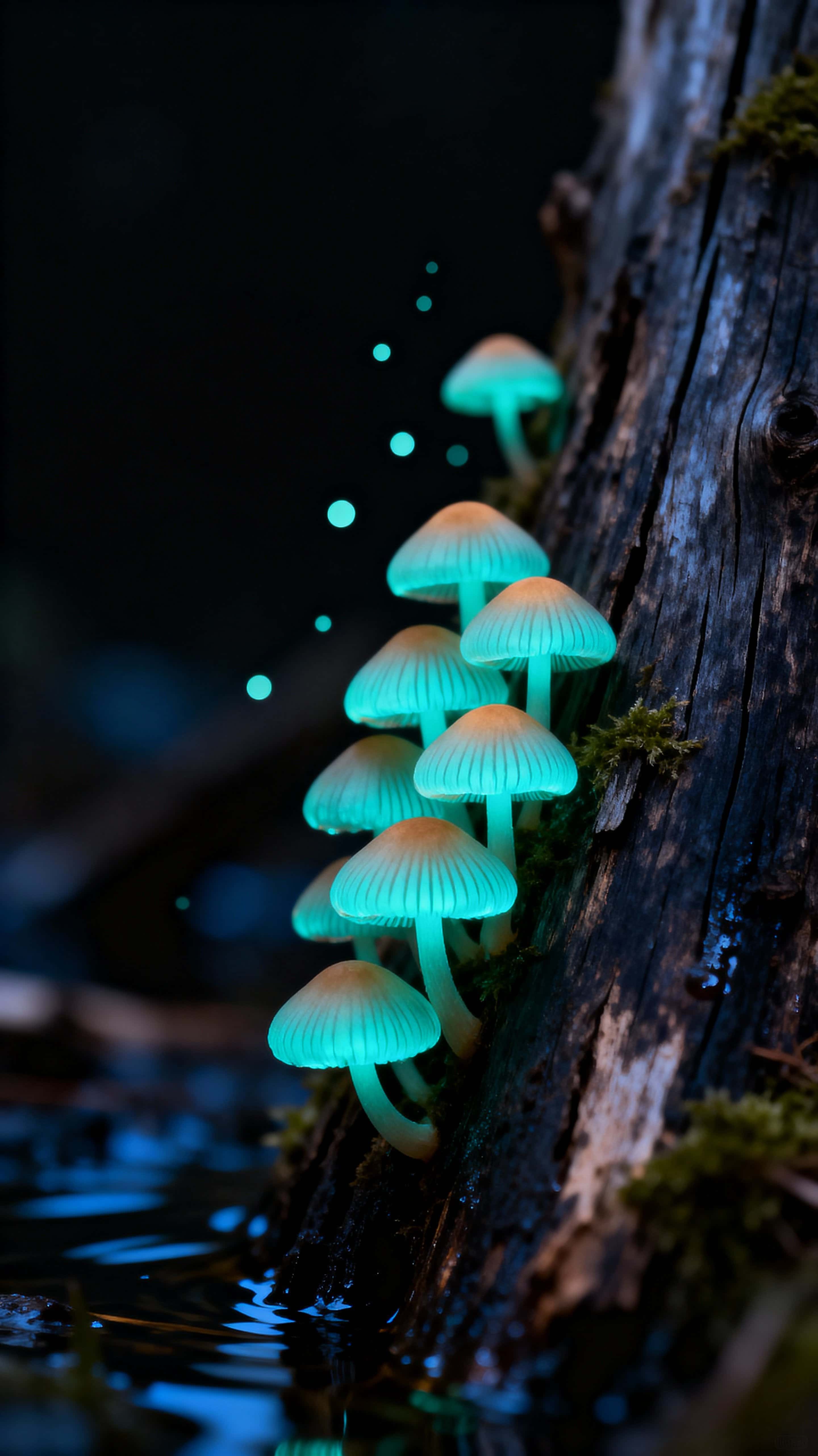 Close macro of glowing mushrooms on damp driftwood with teal gills and mint motes, shallow depth of field, cool low-contrast grade, forest details fading to black and dark corners.