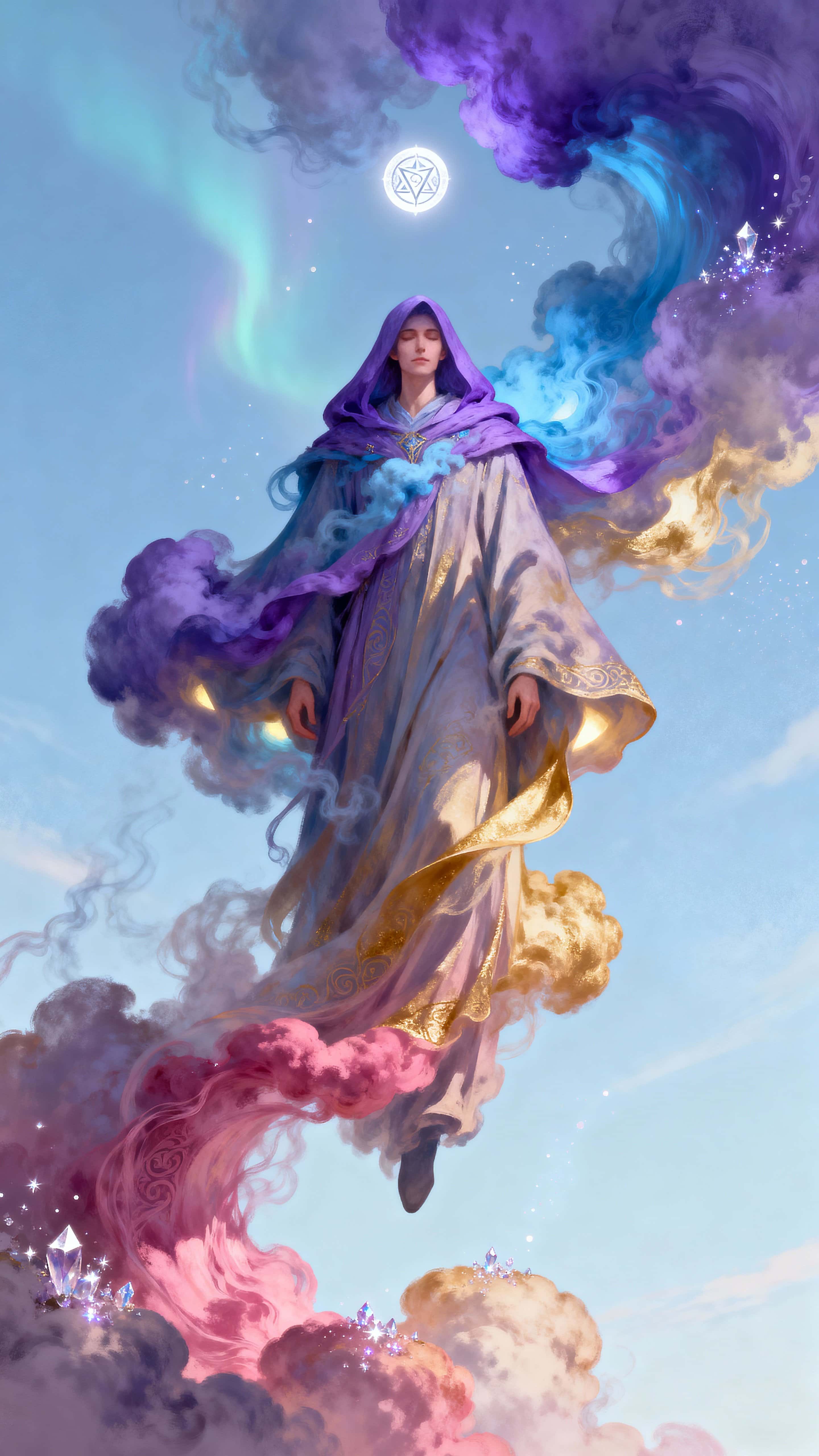 A mystical mage floats within a vertical 9:16 frame, wearing a cloak formed of colorful swirling clouds that glow faintly with magic, the sky bathing the scene in cool and warm tones.