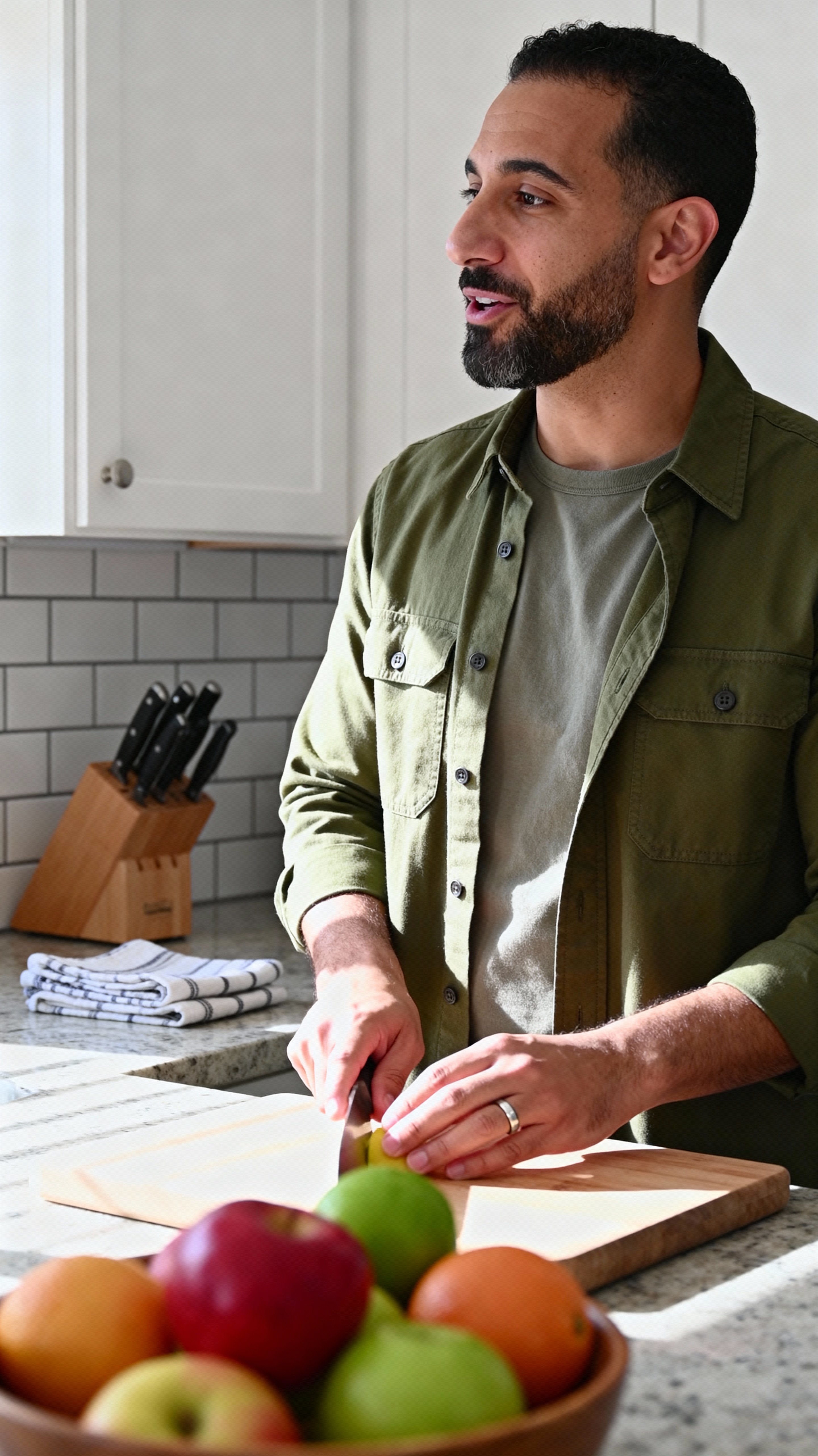 Half-body portrait of Nate prepping a cutting board in a warm New Jersey kitchen, olive overshirt (#6B8E23), heather tee (#8B8C89), cream cabinets (#F5EBDD) and a fruit-bowl pop (#E95A3C), eye-level natural wrap lighting emphasizing face &