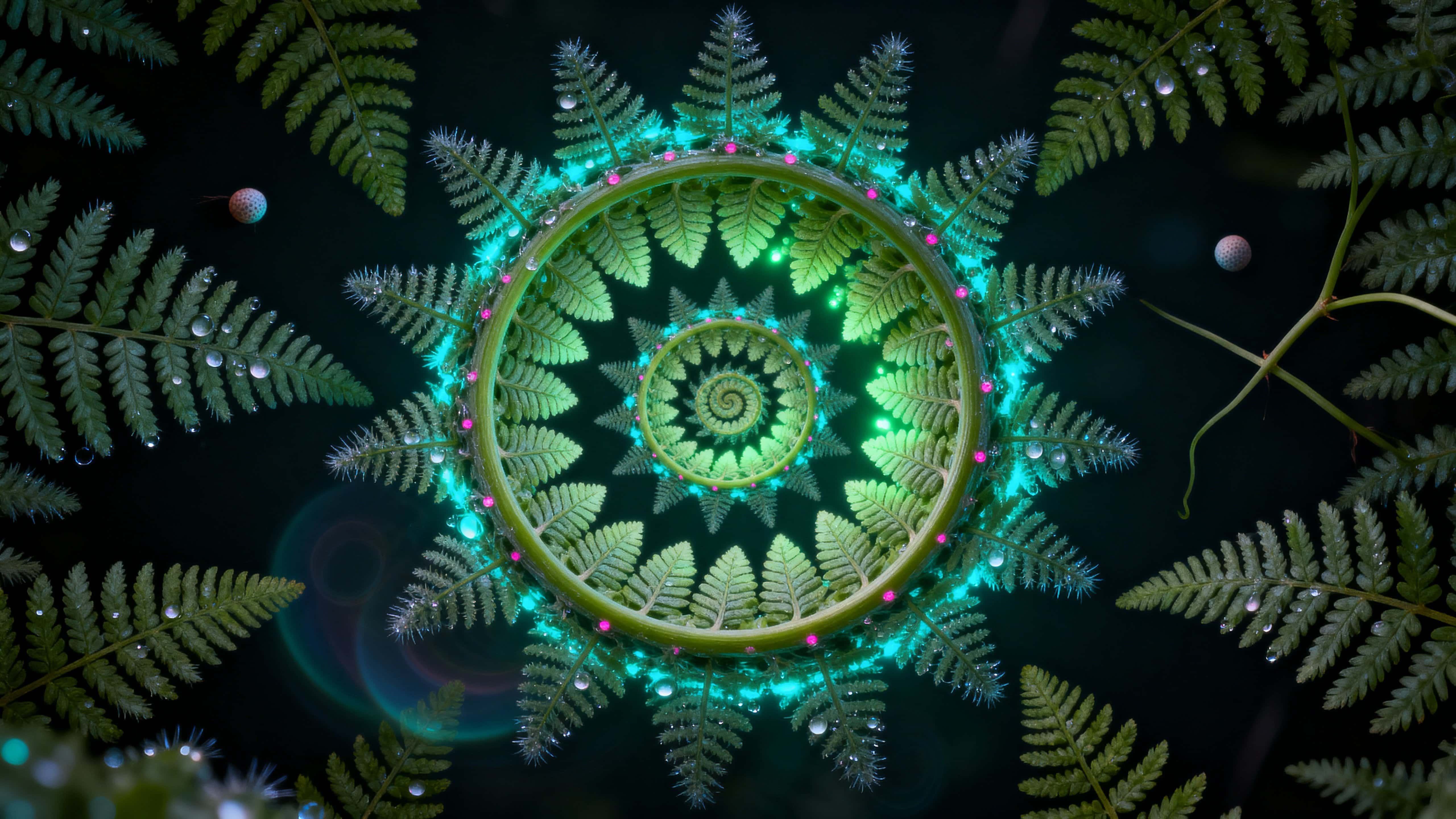A top-down nautilus spiral of leathery, micro-haired fern fronds forms a bioluminescent botanical mandala centered on the golden ratio, cyan-teal and emerald rim lighting within a 16:9 frame.