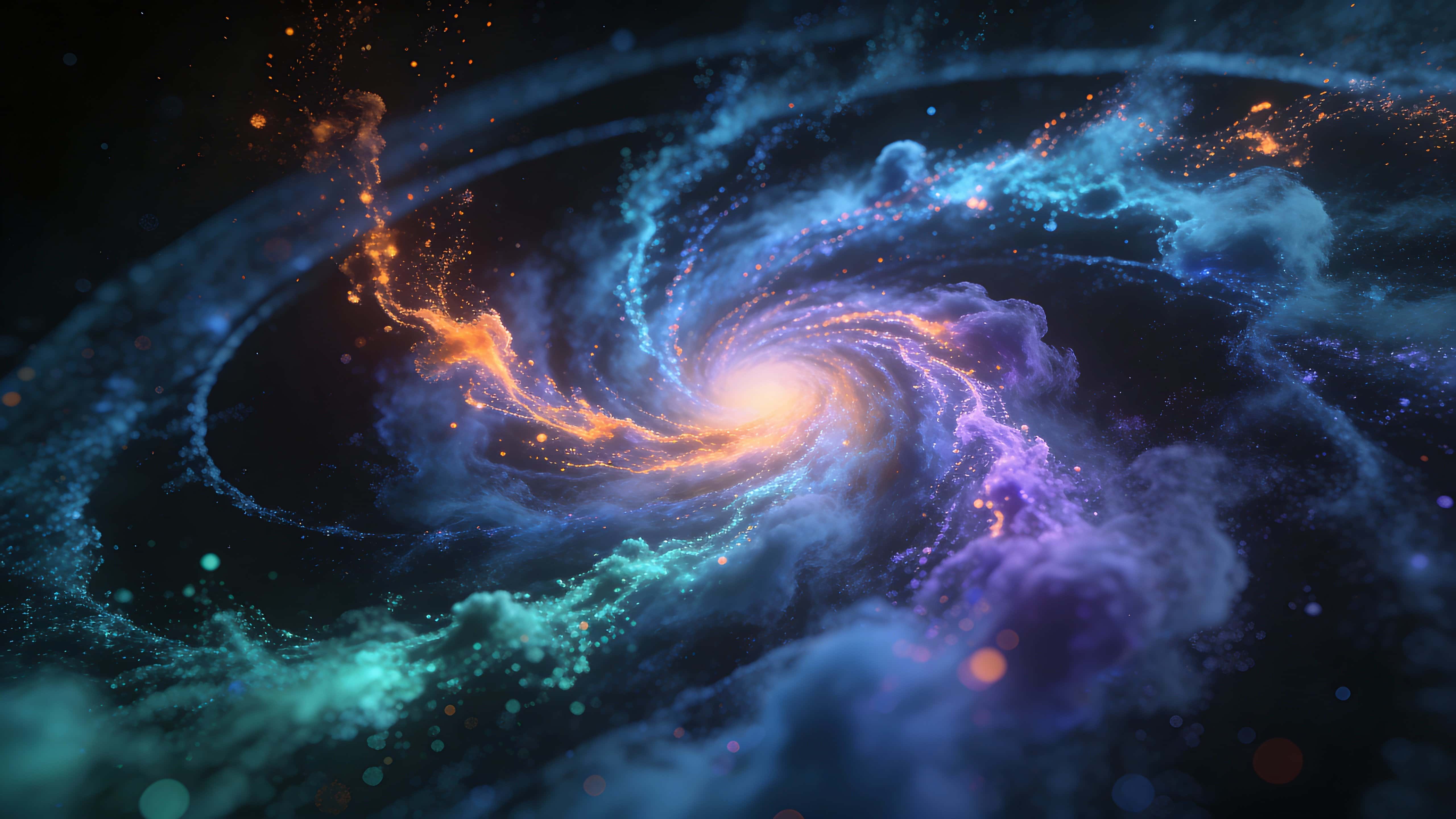 A nebula-like burst of vibrant particles radiates from a soft central core, with deep blues, neon orange, emerald and pale violet spiraling into misty clusters that fade into a dark void.