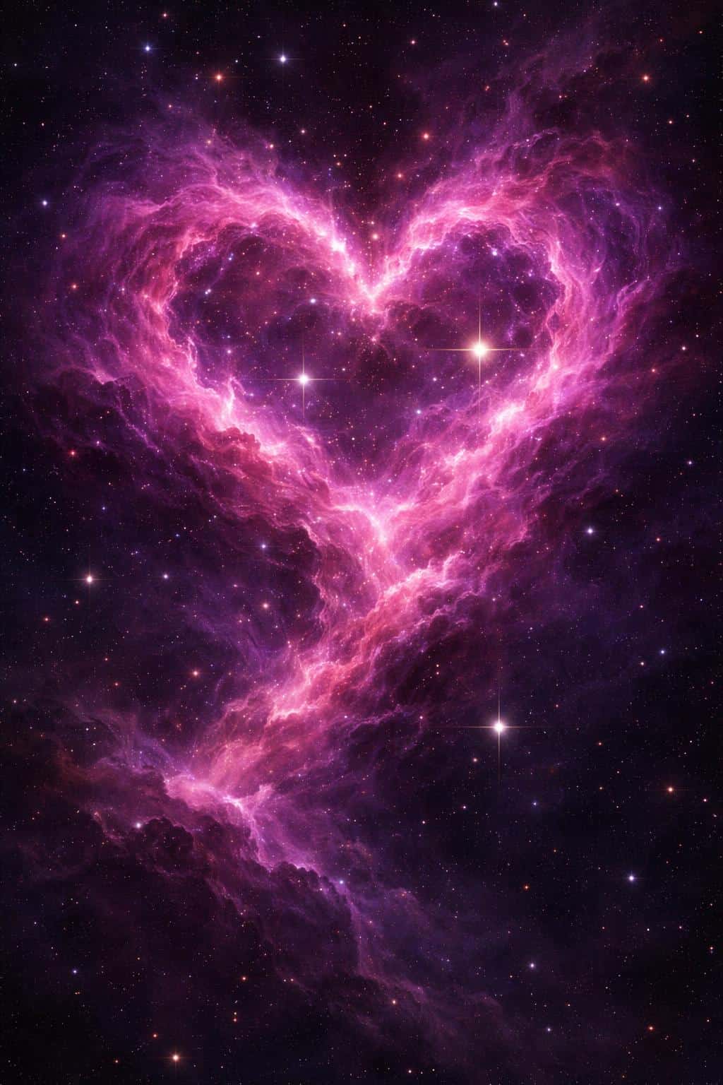 A vertical 2:3 astrophotography-style nebula with magenta and violet stardust billowing into a heart shape in the upper frame, bright newborn stars piercing the gas and a dark, quiet lower third for a warm, romantic glow.