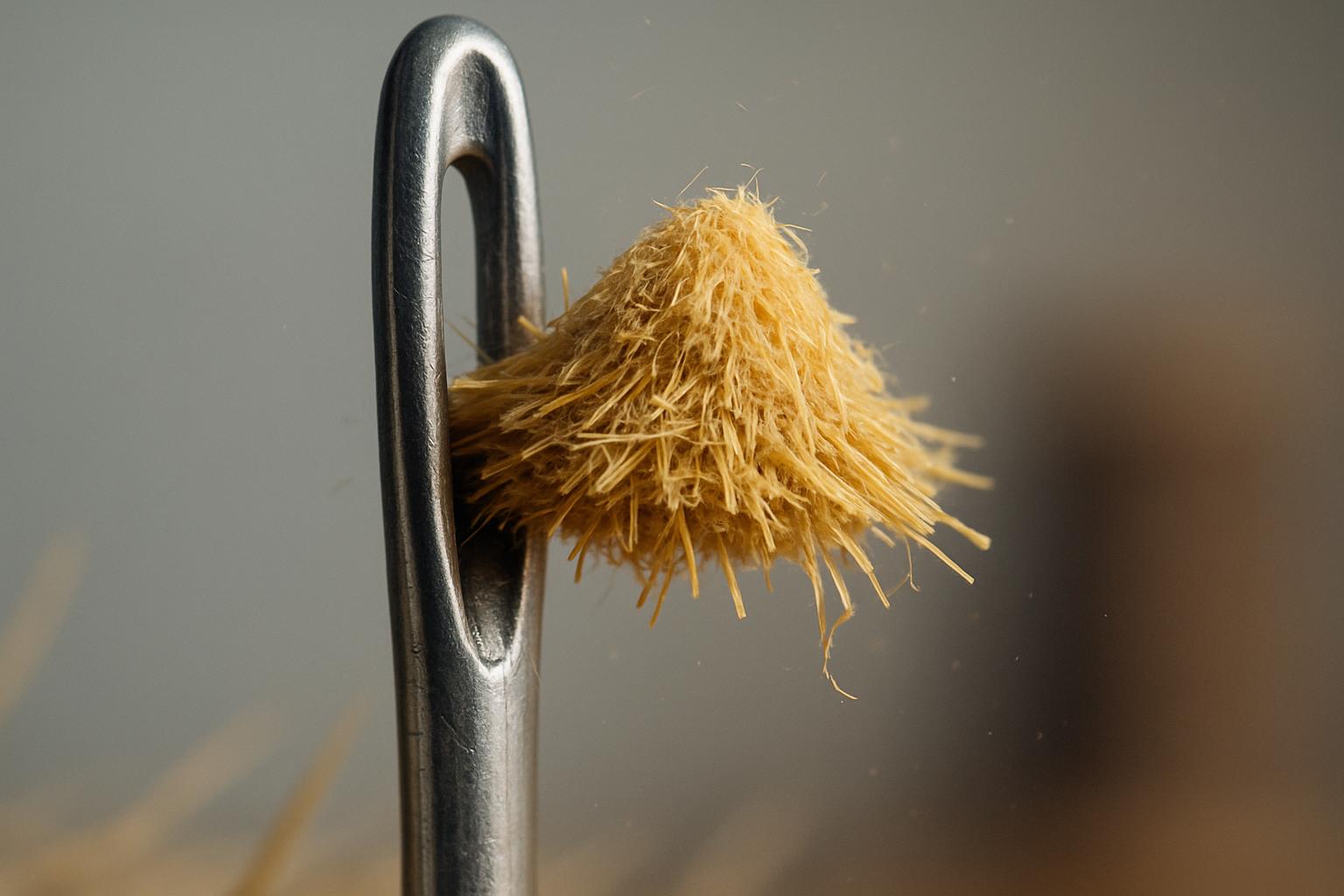 A tight macro study where a single sewing needle's eye holds a tiny haystack sprouting through, contrasting cold metal with warm straw. The scene emphasizes meticulous craft, surprising scale, and the playful idiom of improbability in one finely lit close-up.
