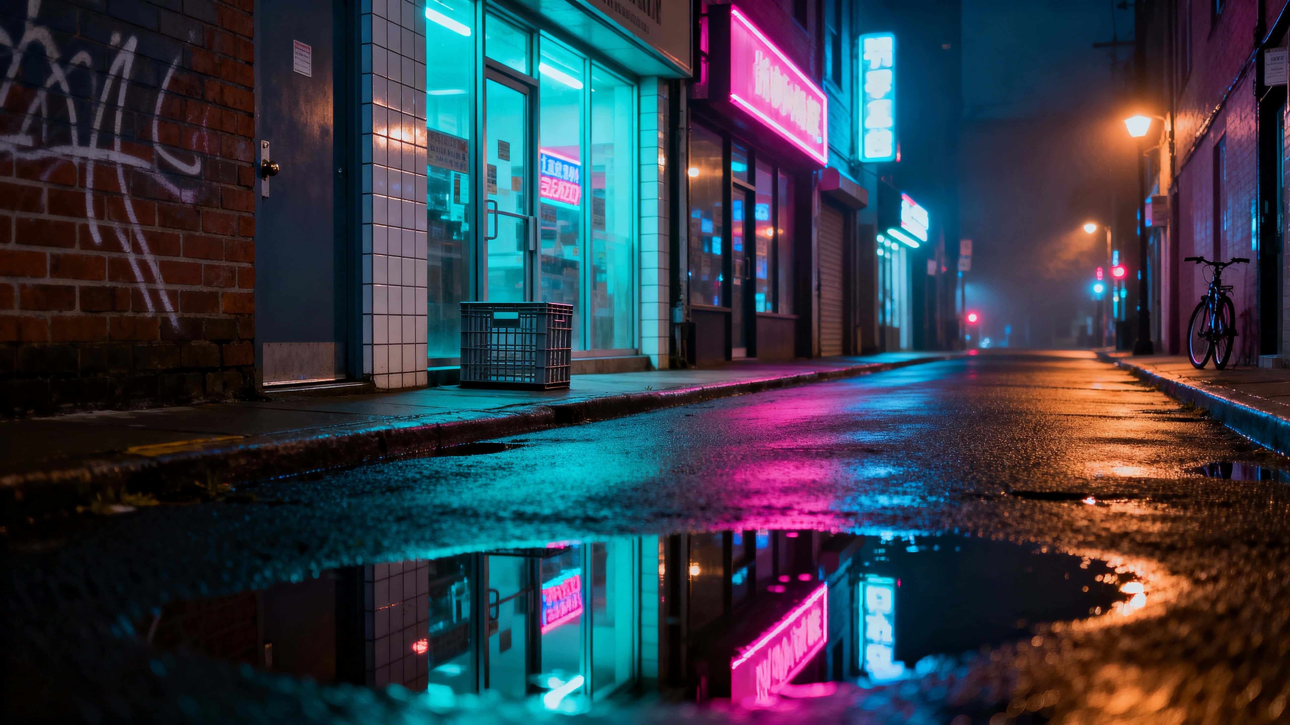 A cinematic neon alleyway after rain with dense city reflections on wet pavement, moody atmosphere and tight 16:9 framing for a night-time urban study of light and texture.