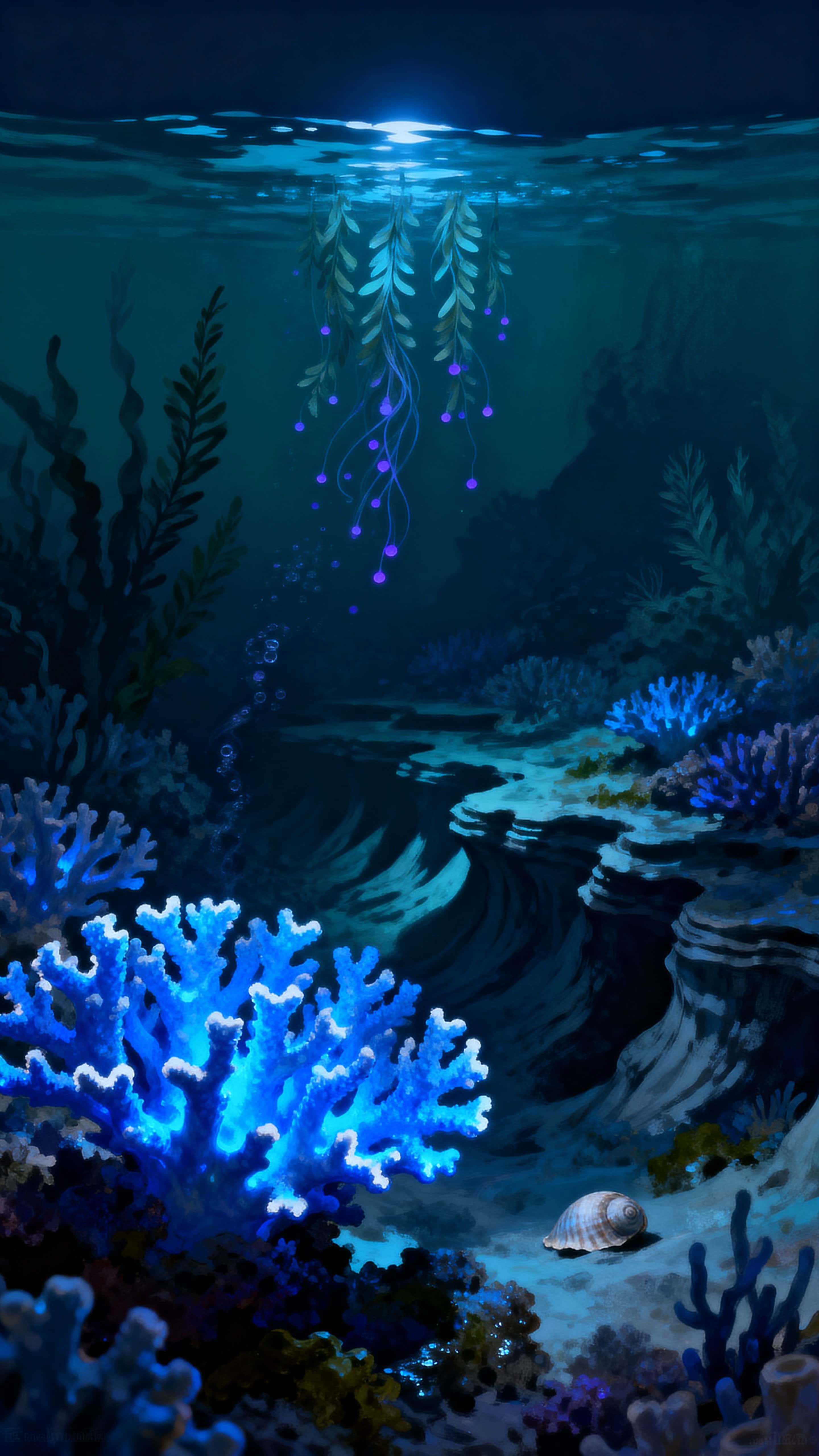 A vertical neon-blue coral reef scene at night with luminous corals and drifting plankton, framed for a 9:16 portrait crop to evoke quiet wonder and immersive depth for editorial imagery.