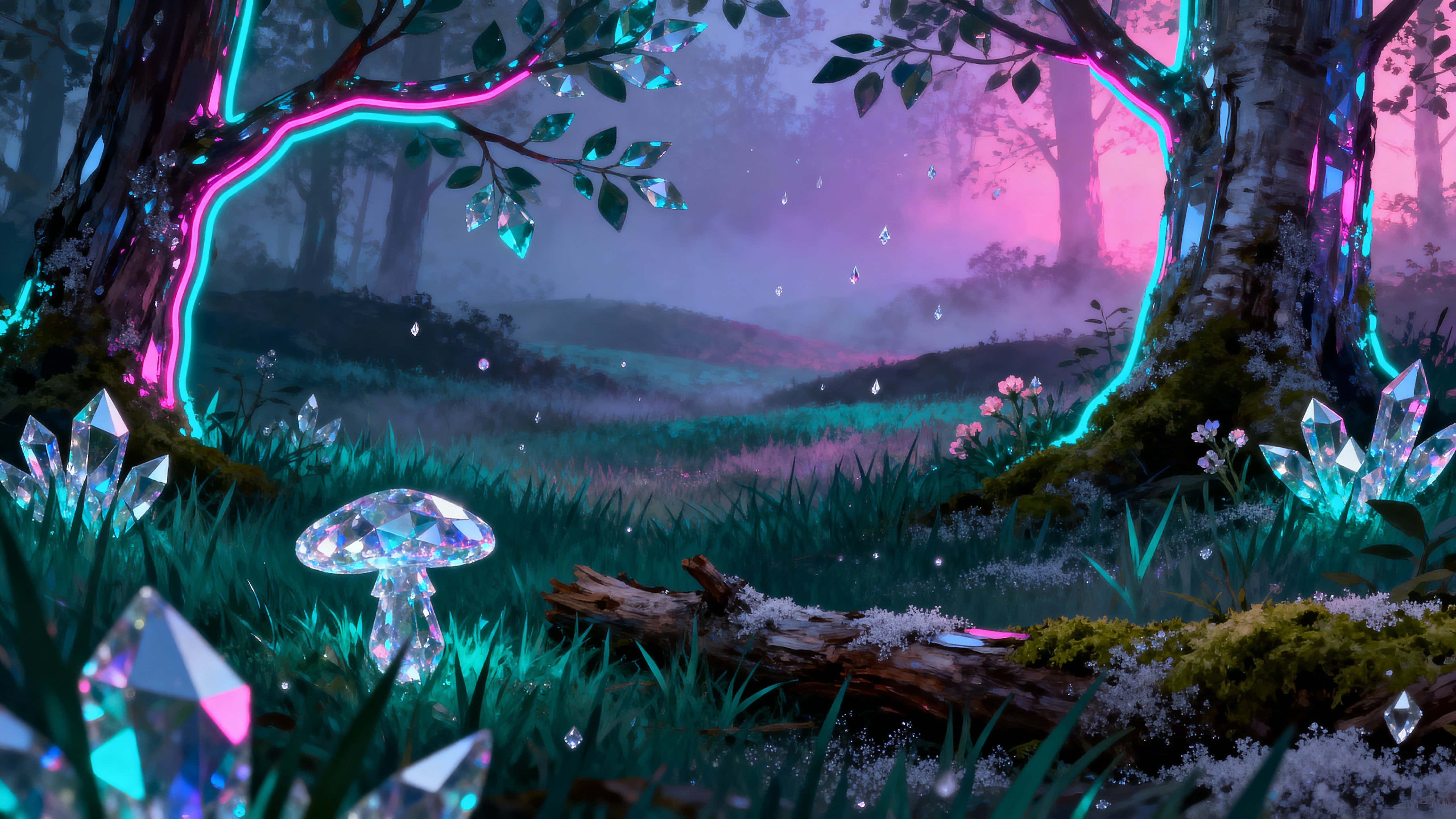 A neon-crystal forest where every blade and branch glows with faceted edges, cool cyan and hot magenta light pools among trunks, and misted air refracts color across a wide 16:9 vista framing.