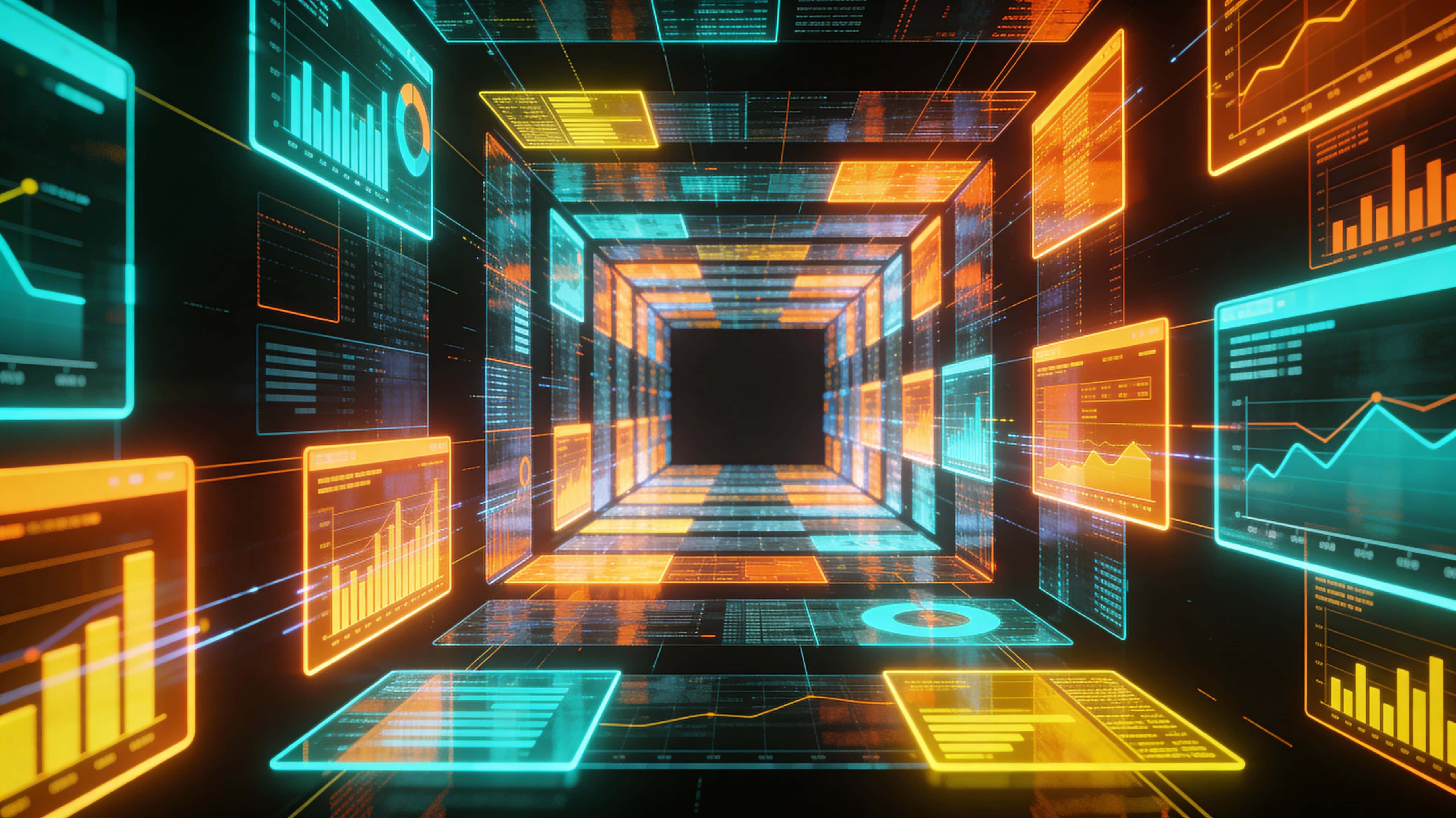 A glowing holographic tunnel of layered turquoise, orange, and yellow analytics tiles receding into a black void, cinematic 16:9 depth and glow.
