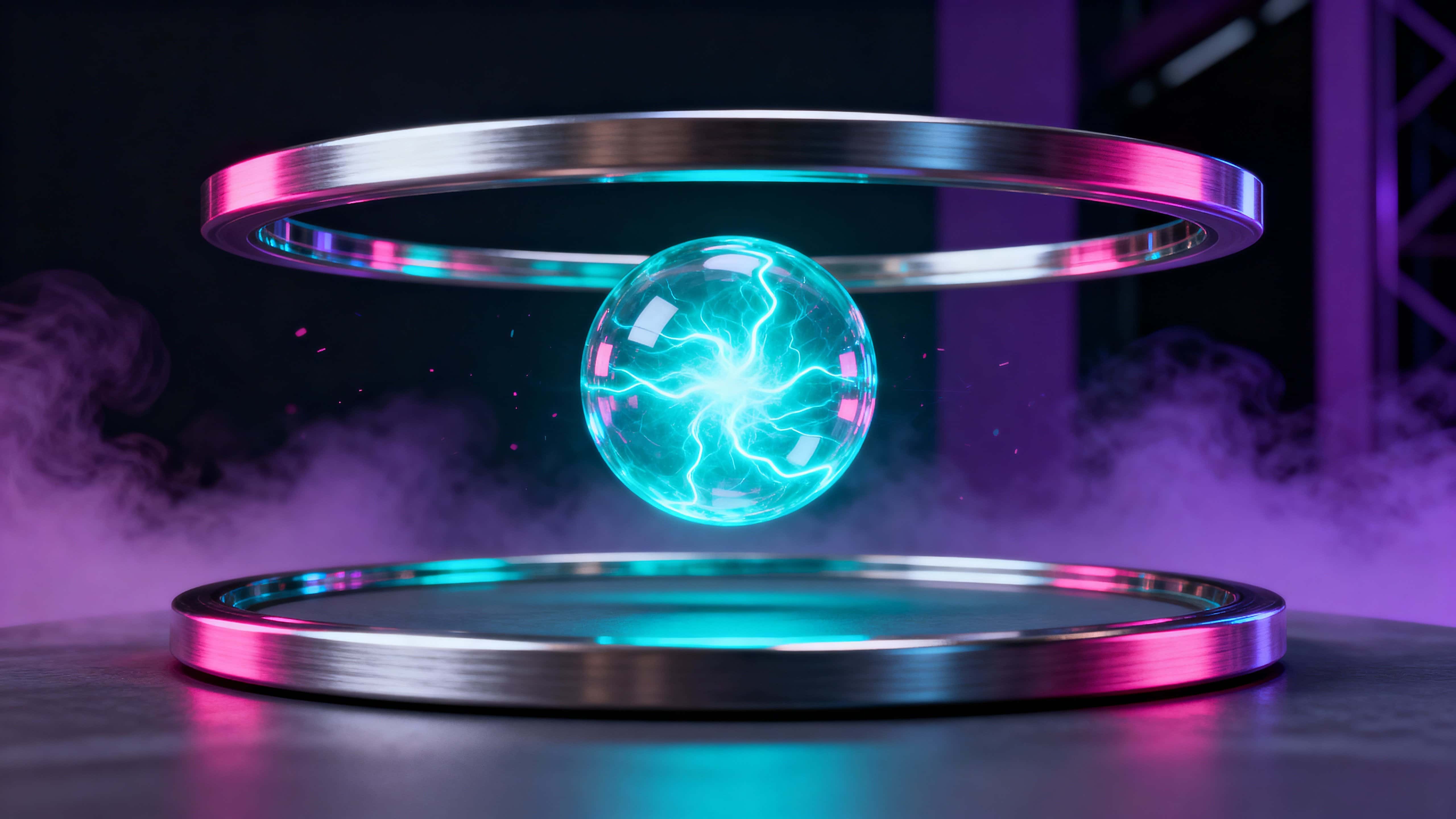 A glowing neon energy core orb floats at the center of a cinematic 16:9 frame, surrounded by suspended metallic rings and soft atmospheric haze that emphasizes depth and motion.