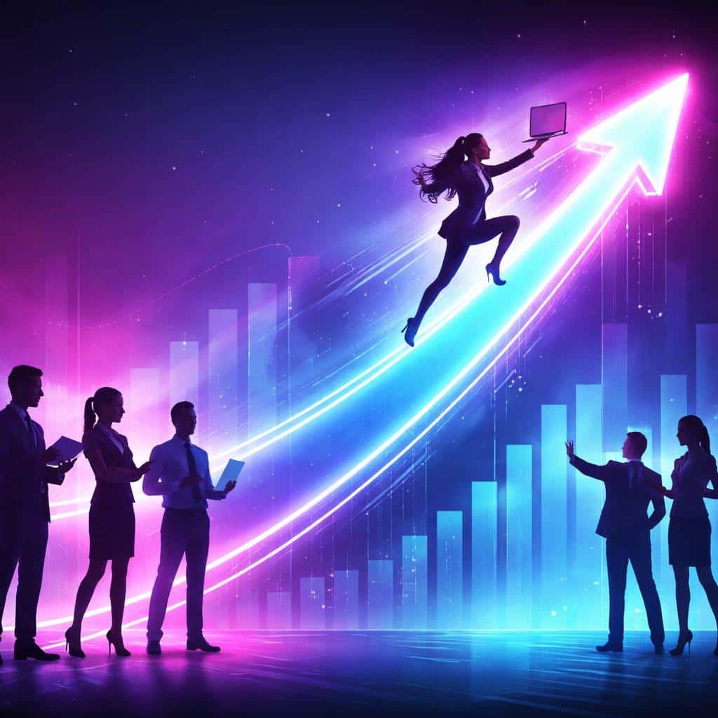 Silhouetted business professionals climbing a glowing neon upward arrow against a purple-to-blue gradient backdrop, representing team growth and digital success.