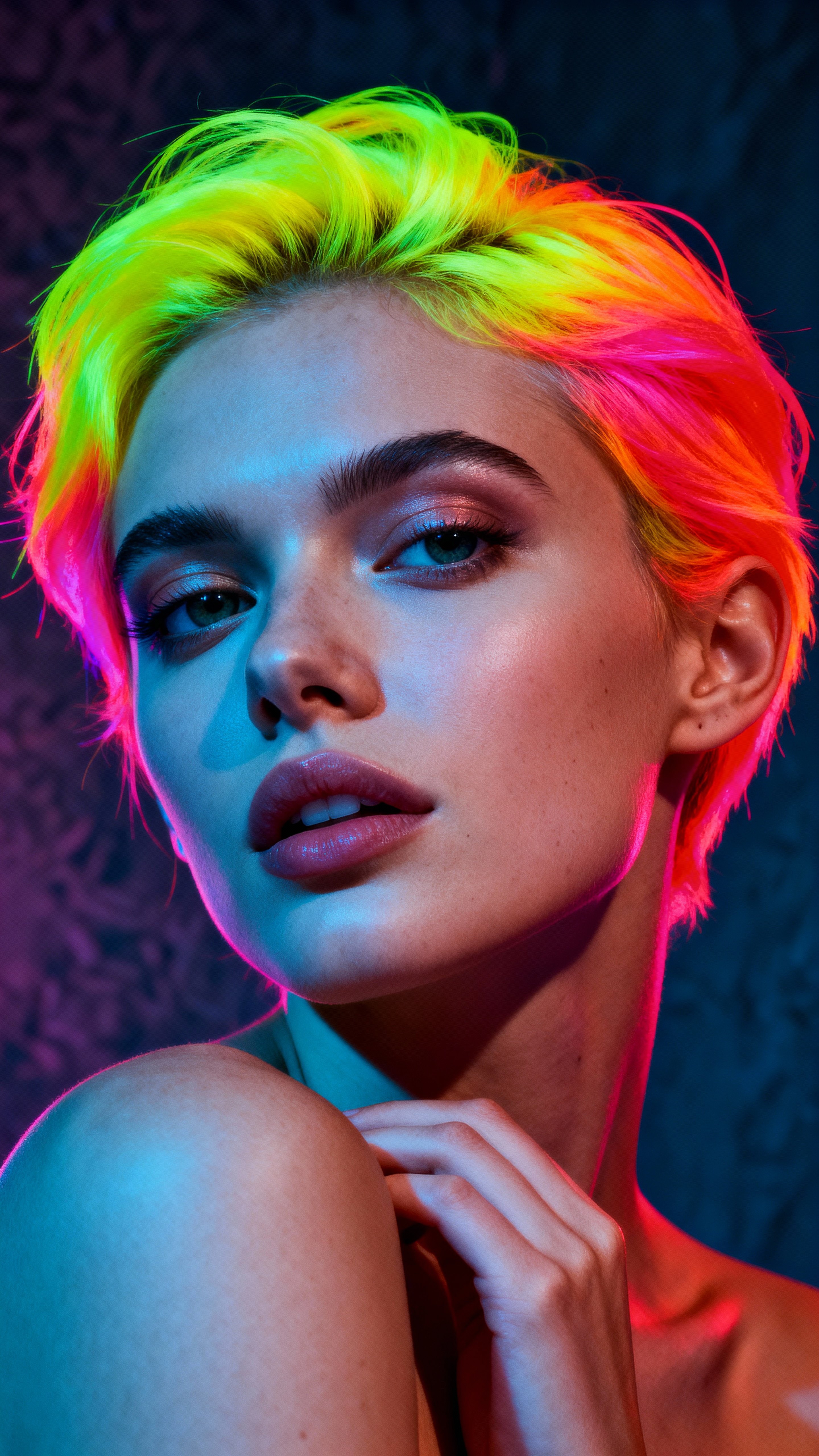 A striking advertising portrait of a woman with vibrant neon hair in a creative, artistic style. Tall 9:16 vertical composition, high-fashion lighting, bold colors, crisp detail, and polished retouching suitable for commercial use.