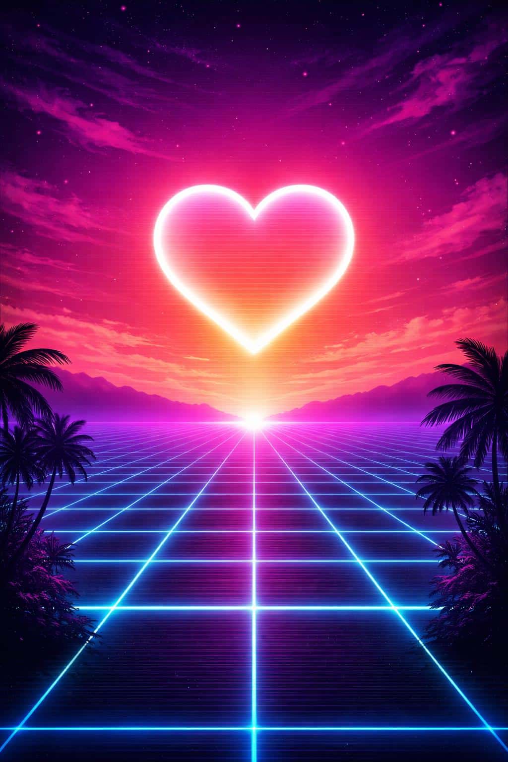 Vertical 2:3 retro-wave illustration of a glowing neon-pink heart sun over magenta-orange skies, a cyan synth-grid receding toward the bottom and silhouetted palms framing the horizon.