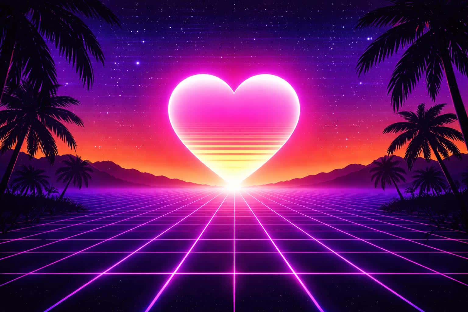 Wide 3:2 retro-wave landscape showing a glowing neon-pink heart sun above a purple synth-grid horizon, indigo-to-orange sky with static stars and scanlines, silhouetted palms, and magenta-cyan glows.