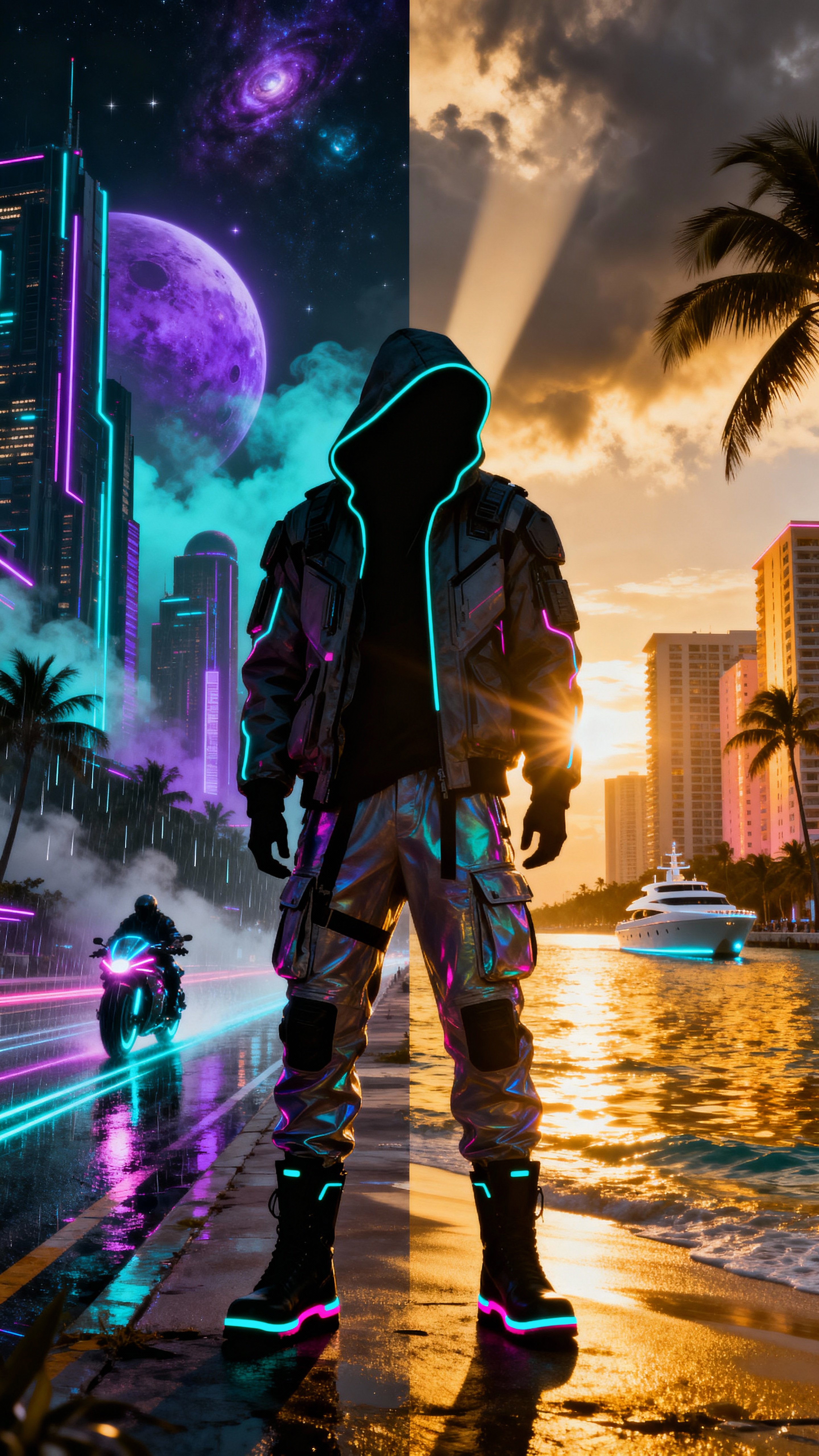 Ultra-realistic cinematic sci-fi double-exposure vertical poster (9:16). Center foreground: a tall man (190 cm), matching the provided photo, stands full height in a three-quarter turn with his back toward the viewer; hood raised, face obsc