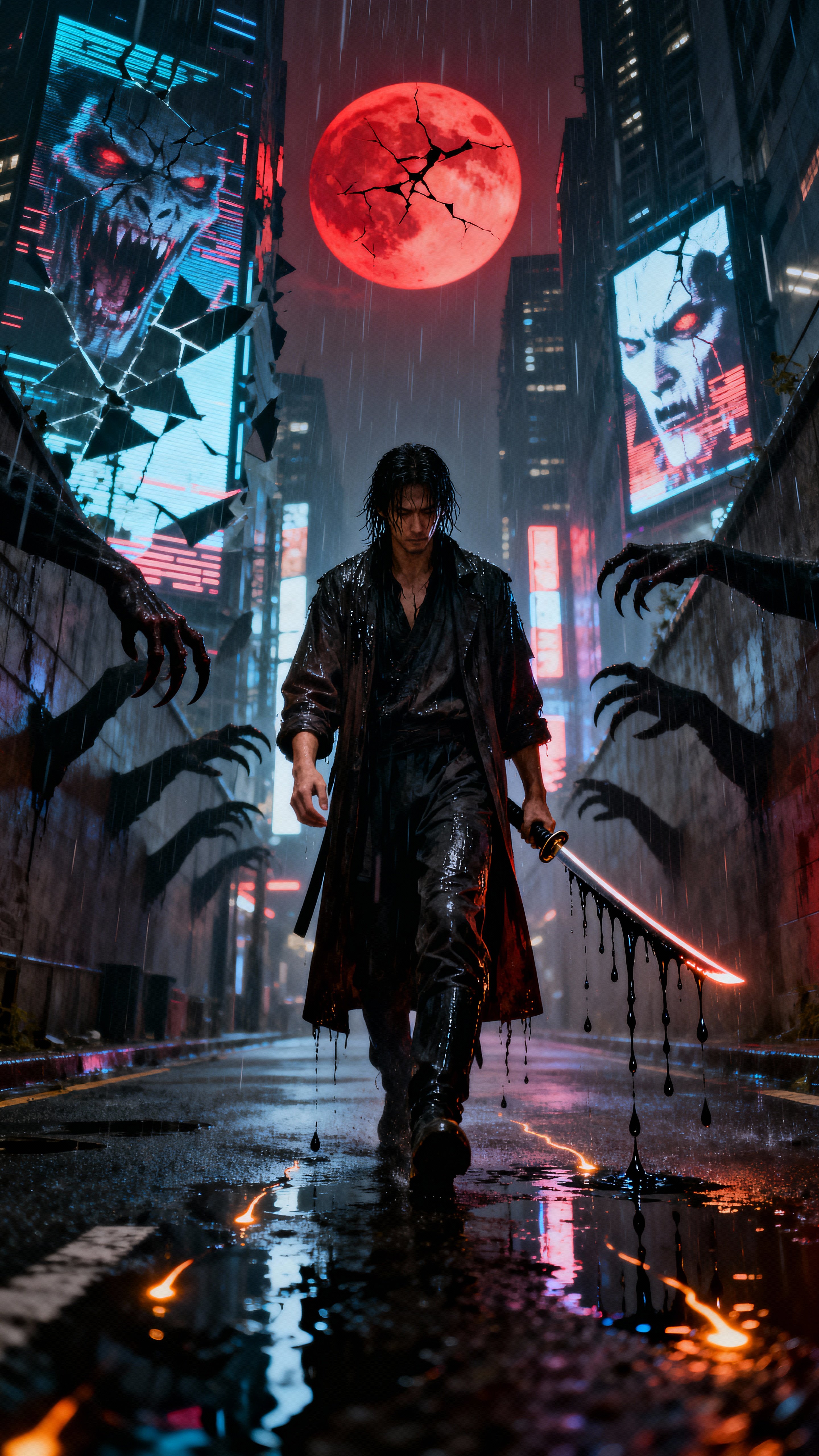 A lone anti-hero walks through a deserted neon-lit street at midnight in heavy rain. His katana drips with black liquid light, leaving glowing trails on wet asphalt. Surrounding skyscrapers are broken, their holograms glitching into night‑m