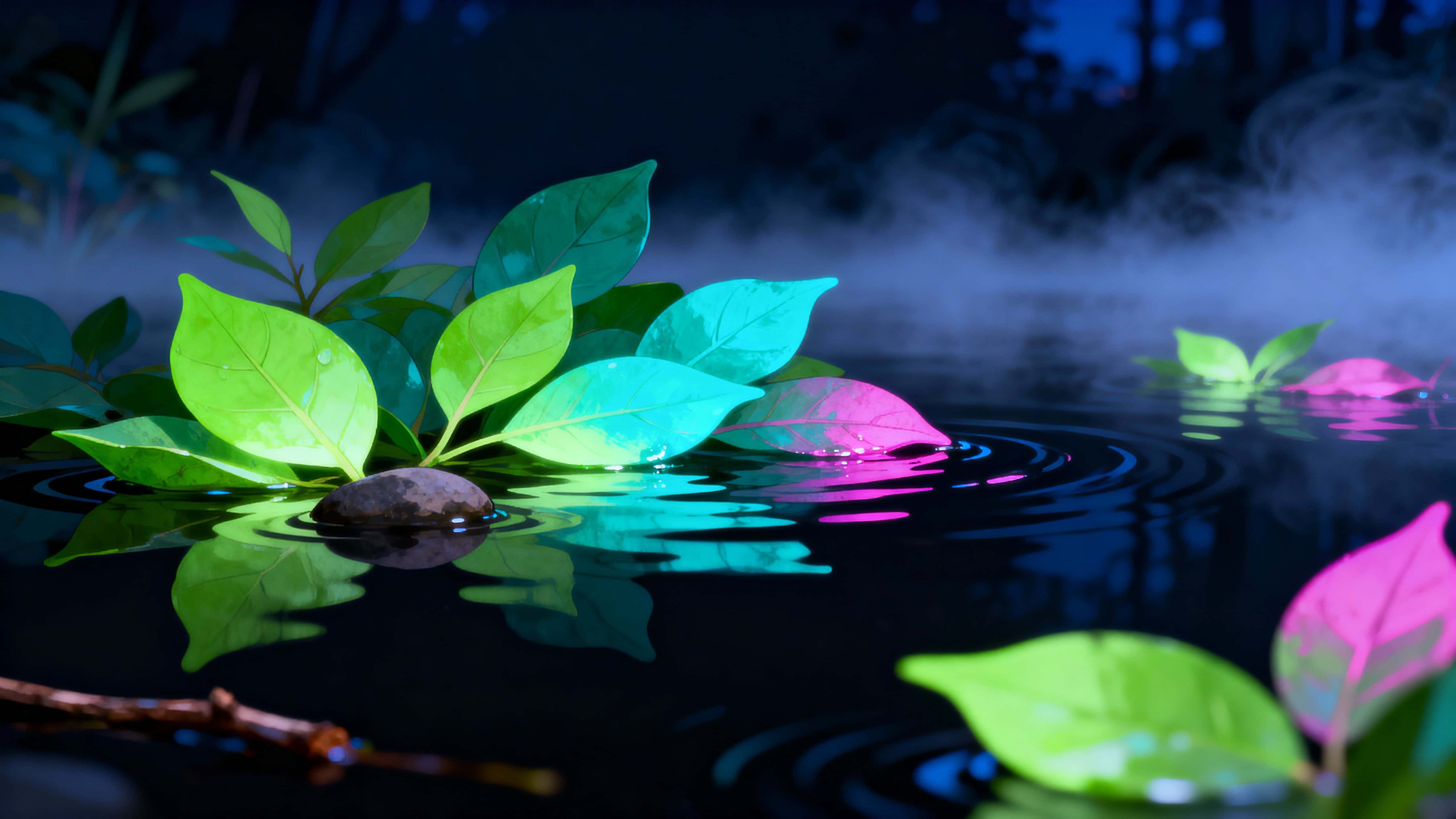 Glowing neon leaves drift slowly across mirror-black water in a 16:9 frame, creating a quiet, reflective mood with luminous color accents and deep negative space.