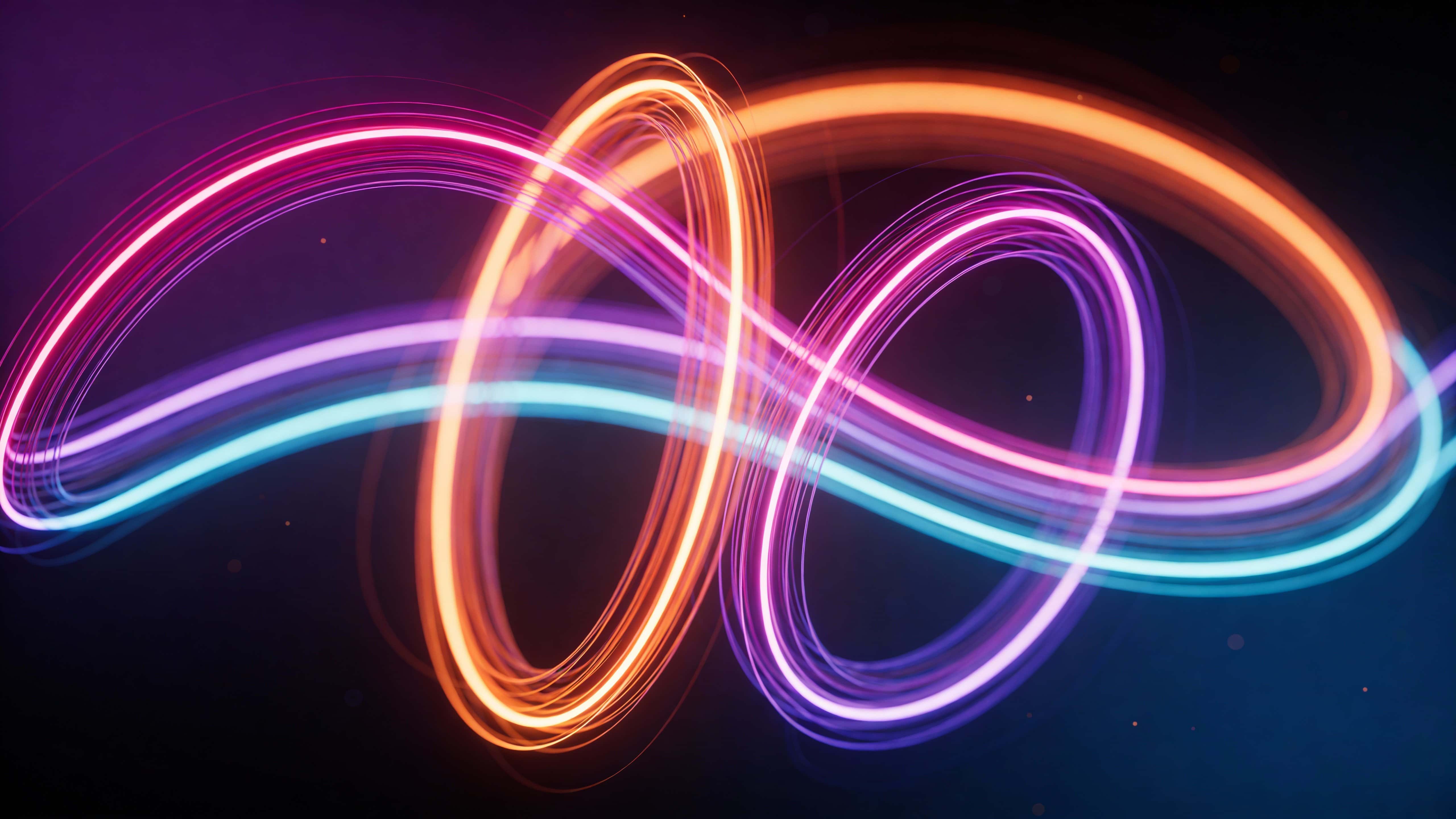 Intertwined neon light rings float in a deep purple-to-dark-blue space, their smooth magenta, violet, cyan, and warm orange bands looping fluidly with soft motion trails and gentle ambient glow.
