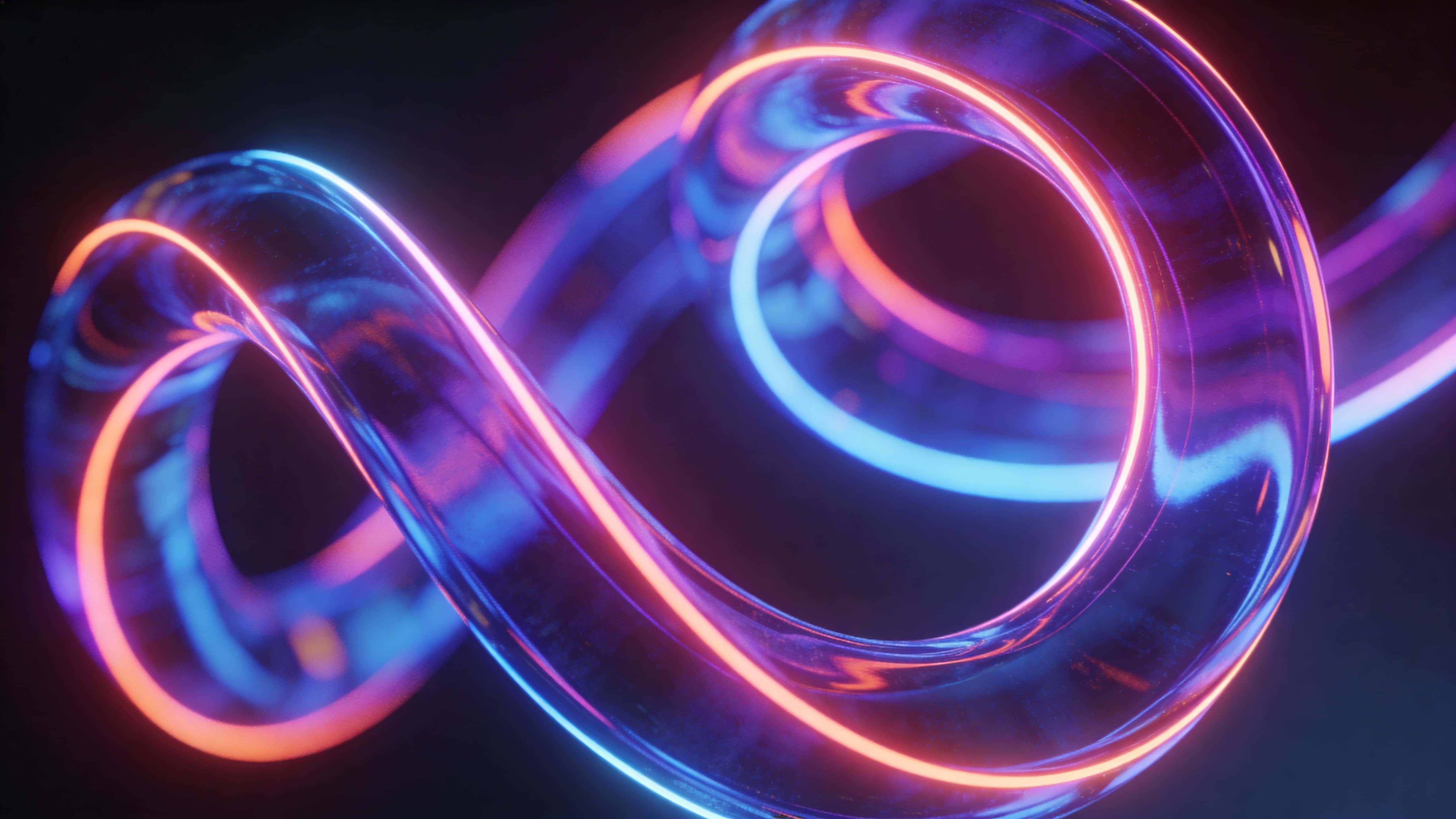 A floating abstract sculpture of glowing neon loops and intersecting rings in electric blue, purple, and warm coral against a dark gradient background with subtle inner reflections.