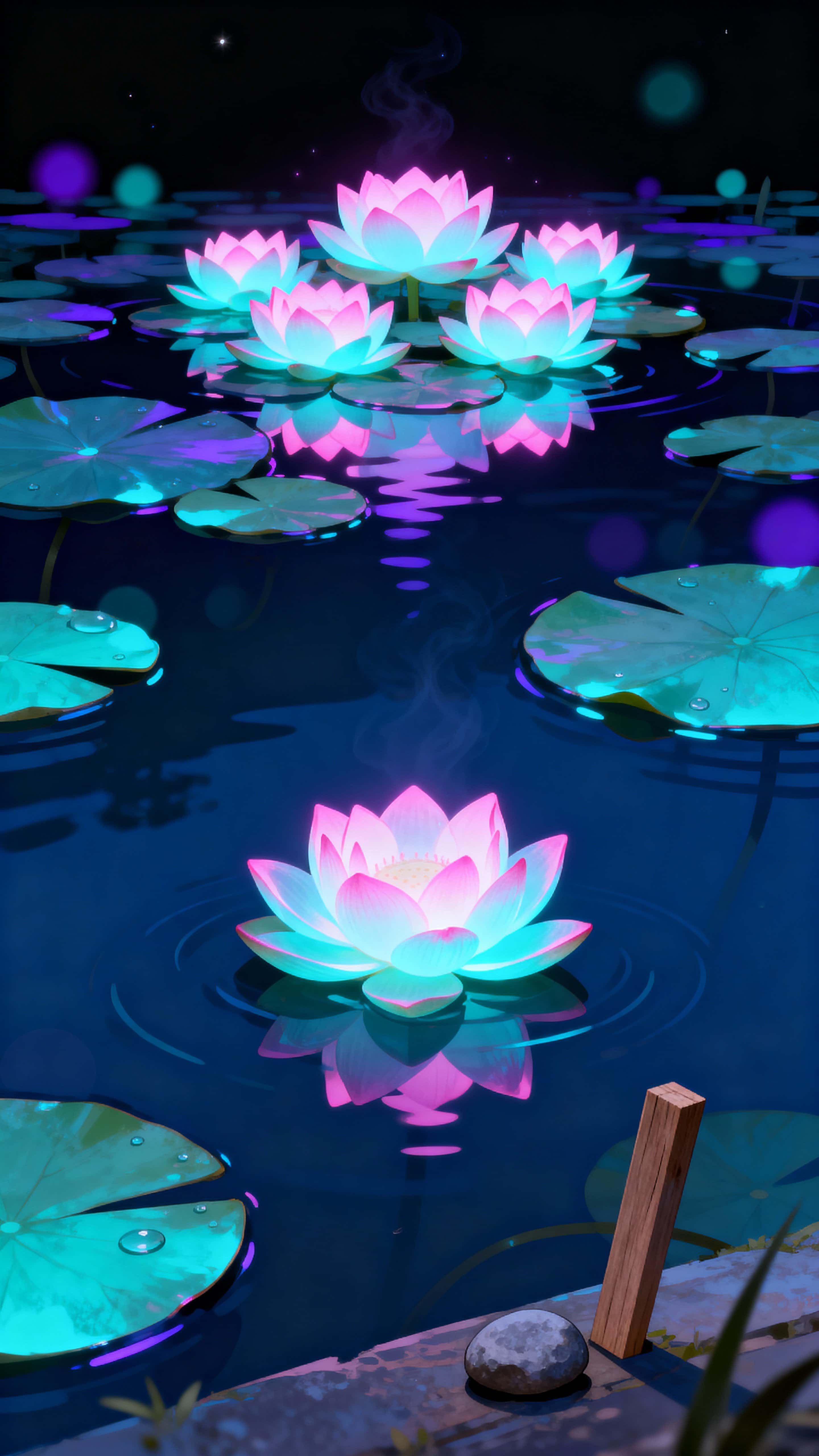A vertical neon lotus pond scene showing luminous flowers and glowing lily pads floating under a deep black sky, composed for a 9:16 portrait crop that feels intimate and meditative.