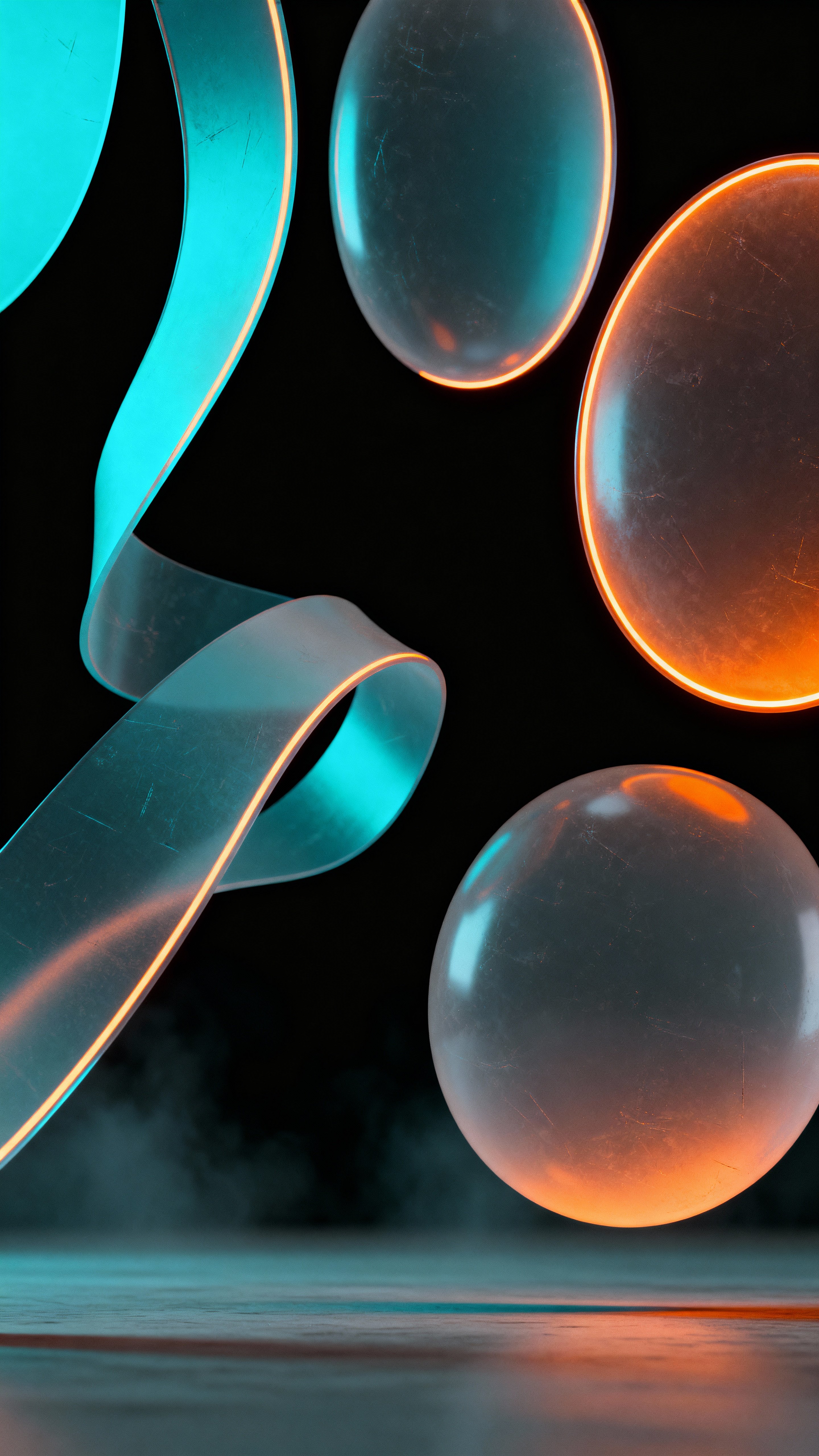 Abstract composition of flowing ribbons and smooth ovoids arranged as a vertical wallpaper on a deep black background. Semi-translucent glossy surfaces with thin neon edge highlights and subtle micro-scratches. Crisp surface detail with mic