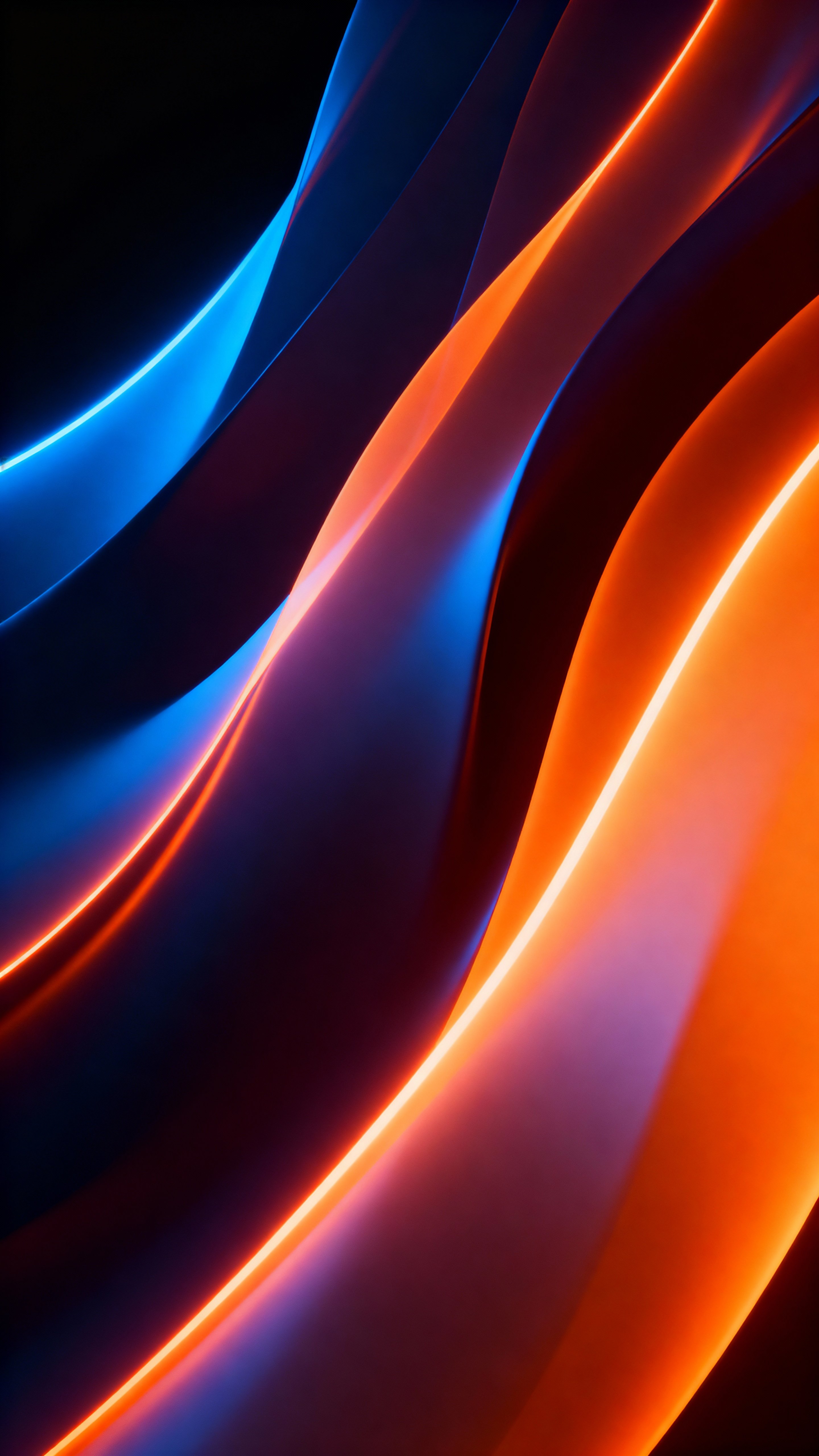 Seamless 9:16 wallpaper of neon abstract waves floating across a dark background. Smooth-gradient surfaces and luminous edges form glowing ribbons that blend from deep blue to bright orange. Soft light mapping accentuates palette hues on a黒