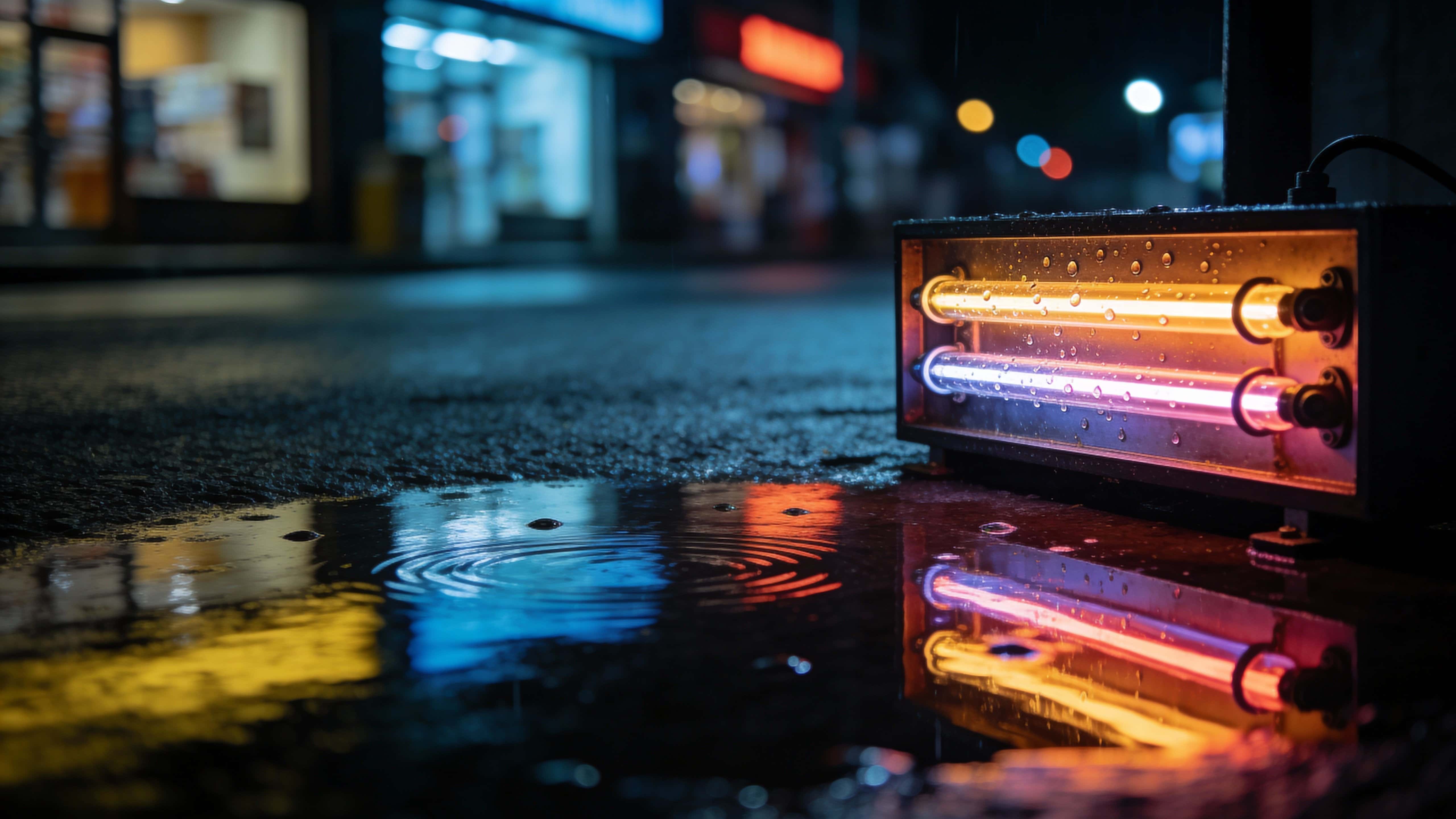 Close-up neon sign glowing through falling rain in a 16:9 nocturnal street photography composition, with reflective wet pavement and moody atmospheric light.