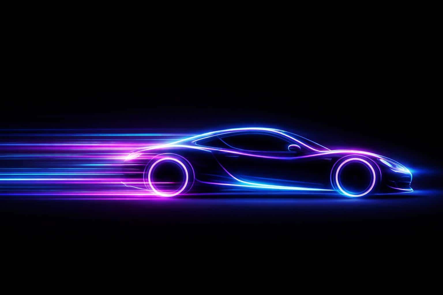 A sleek sports car silhouette rendered with vibrant neon light trails in blue and magenta against a black background for a high-speed digital wallpaper.