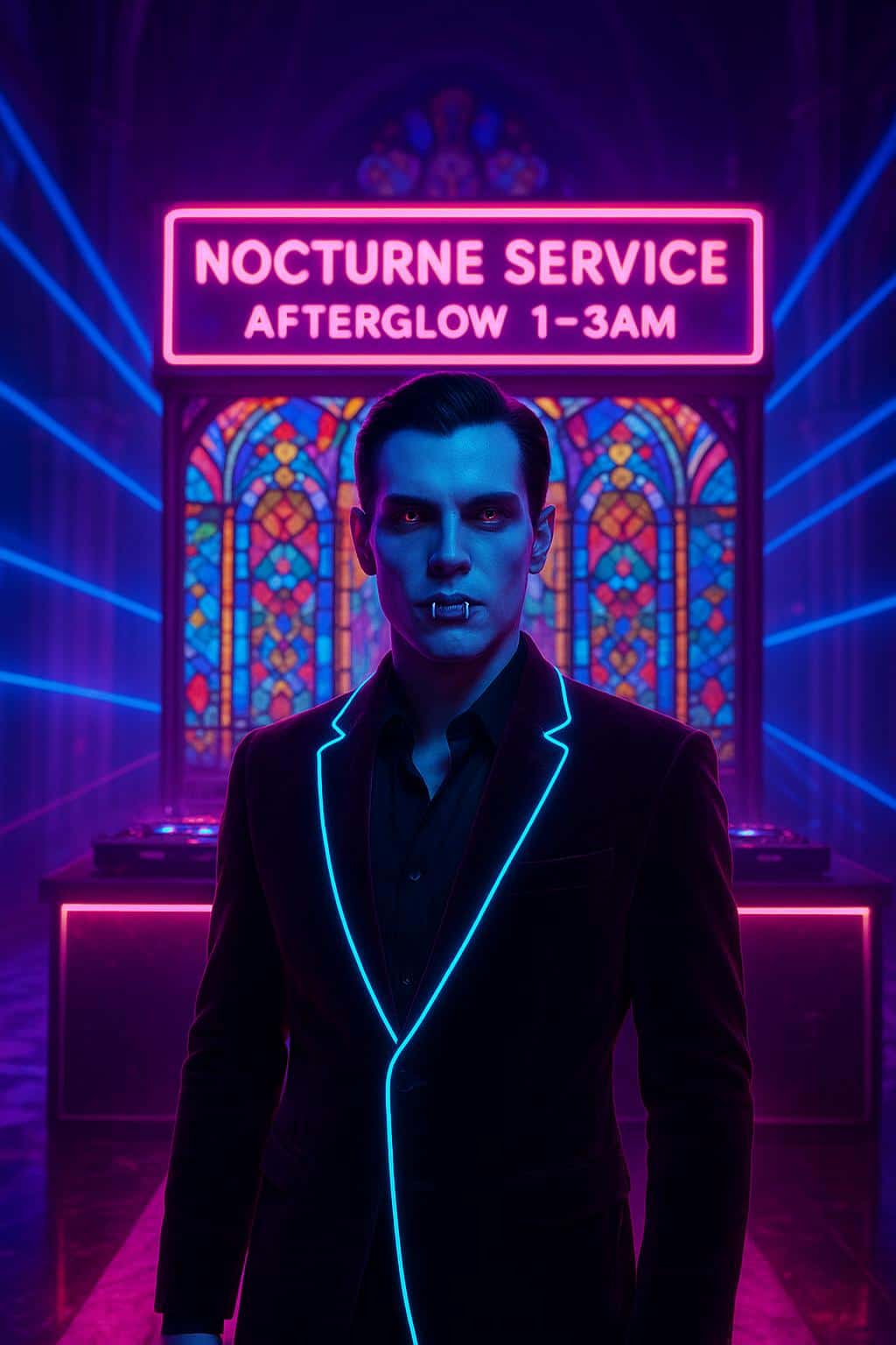 A neon vampire in a velvet suit with LED lapel piping and fang grillz stands beneath a stained-glass DJ booth in a cathedral-turned-club, lit by pulsing floor tiles and laser haze.
