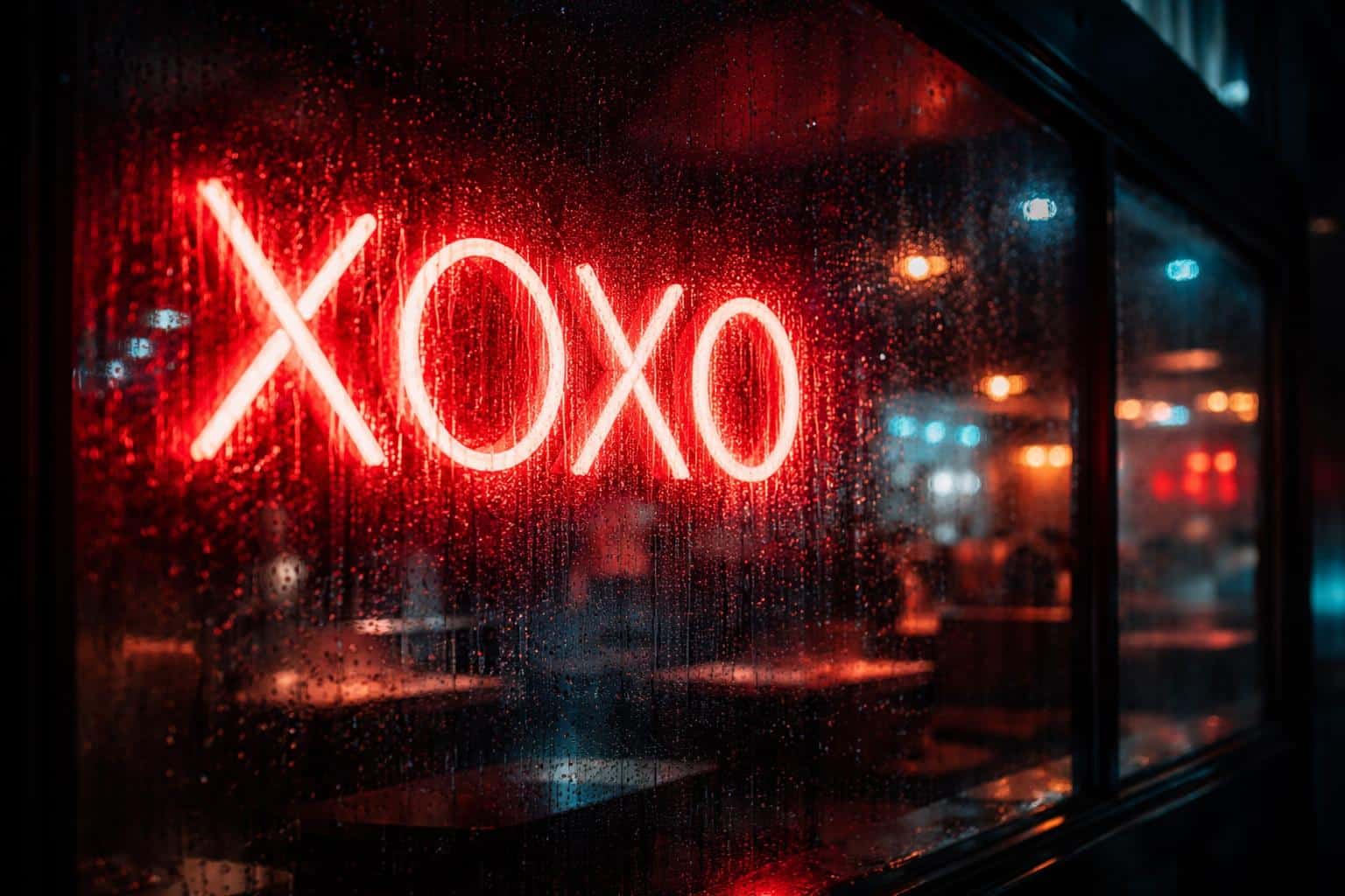 A 3:2 cinematic night scene of a deep red 'XOXO' neon sign reflected in a rain-slick cafe window, distorted by droplets and framed off-center for atmosphere.