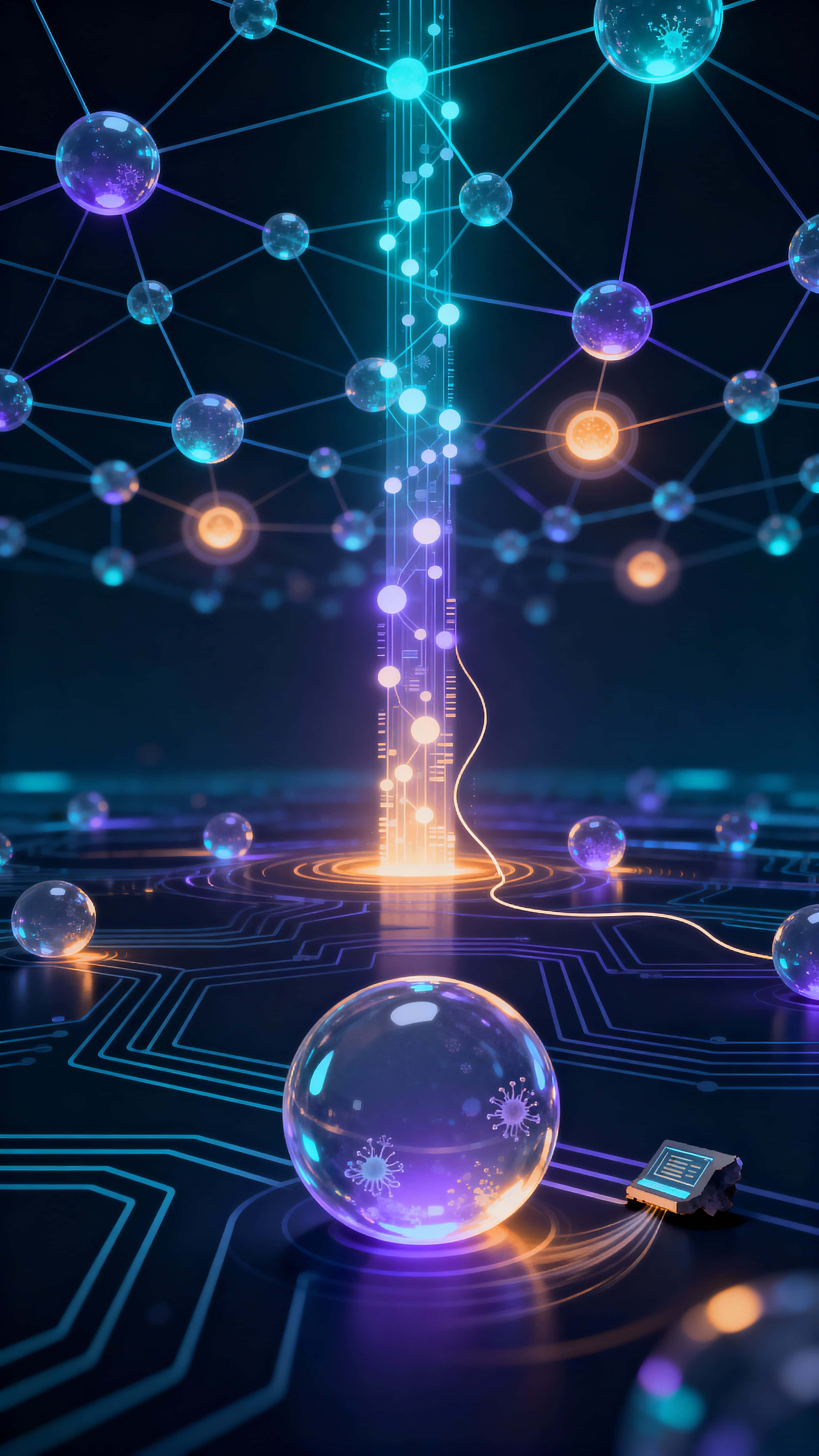 A vertical 9:16 visual of an abstract neural glow network showing interconnected orbs and pulsing nodes within a dark matrix, conveying deep digital depth and rhythmic luminosity.