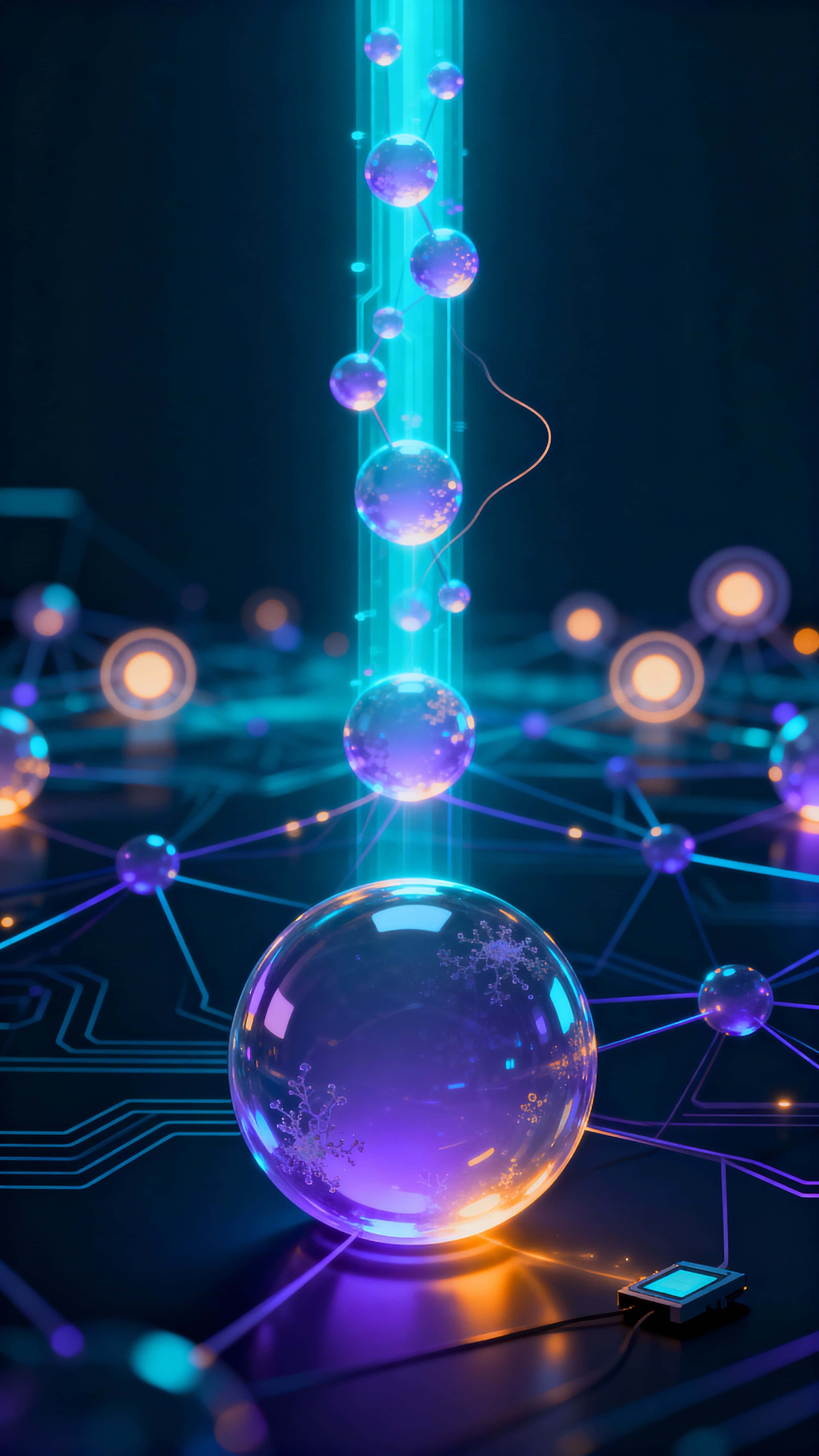 A vertical 9:16 visual of an abstract neural glow network showing interconnected orbs and pulsing nodes within a dark matrix, conveying deep digital depth and rhythmic luminosity.