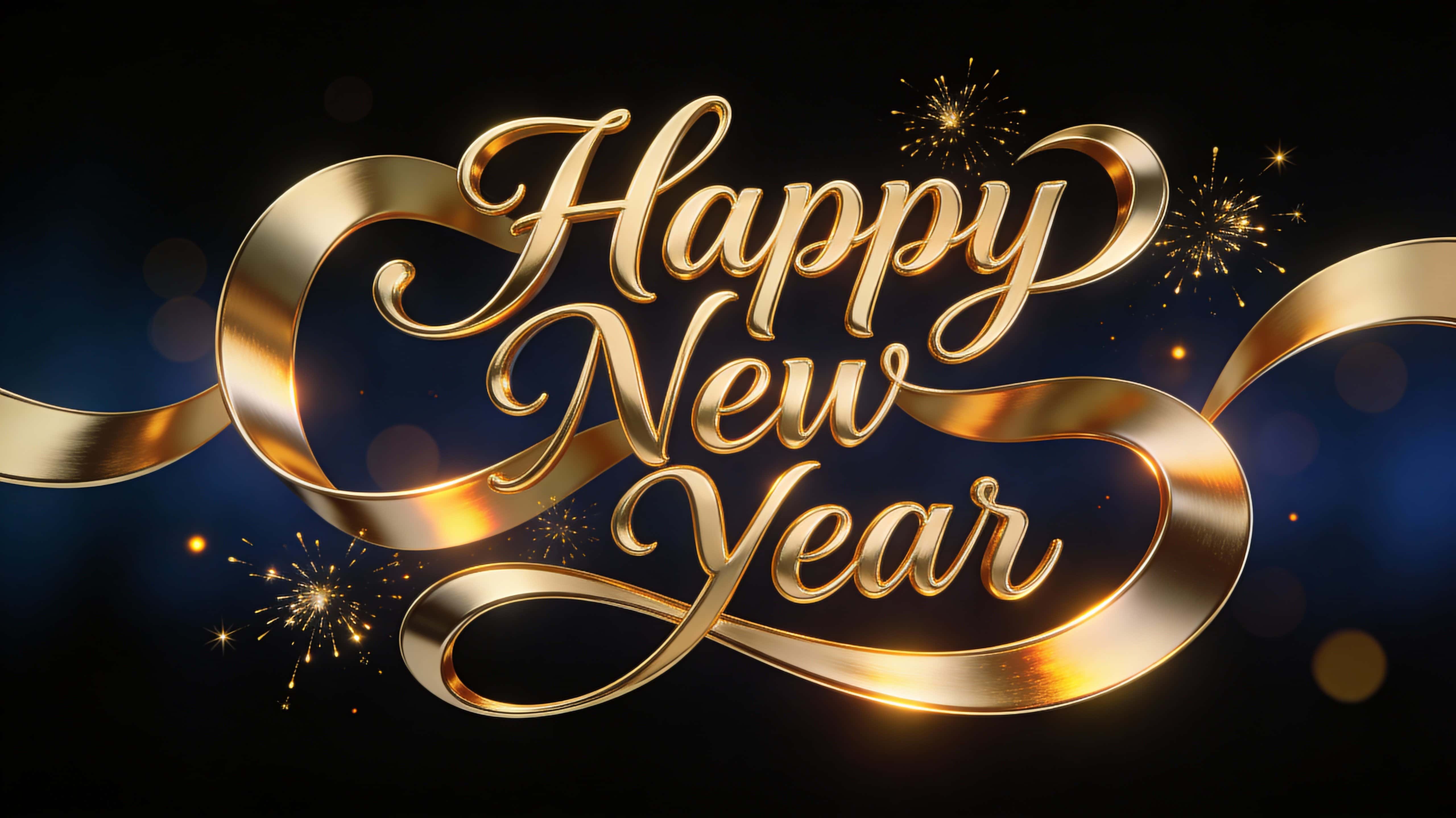 Centered luxurious New Year greeting with elegant gold calligraphy reading “Happy New Year,” ribbon-like metallic strokes and subtle golden fireworks over a deep black-to-navy background with soft bokeh and warm reflections.