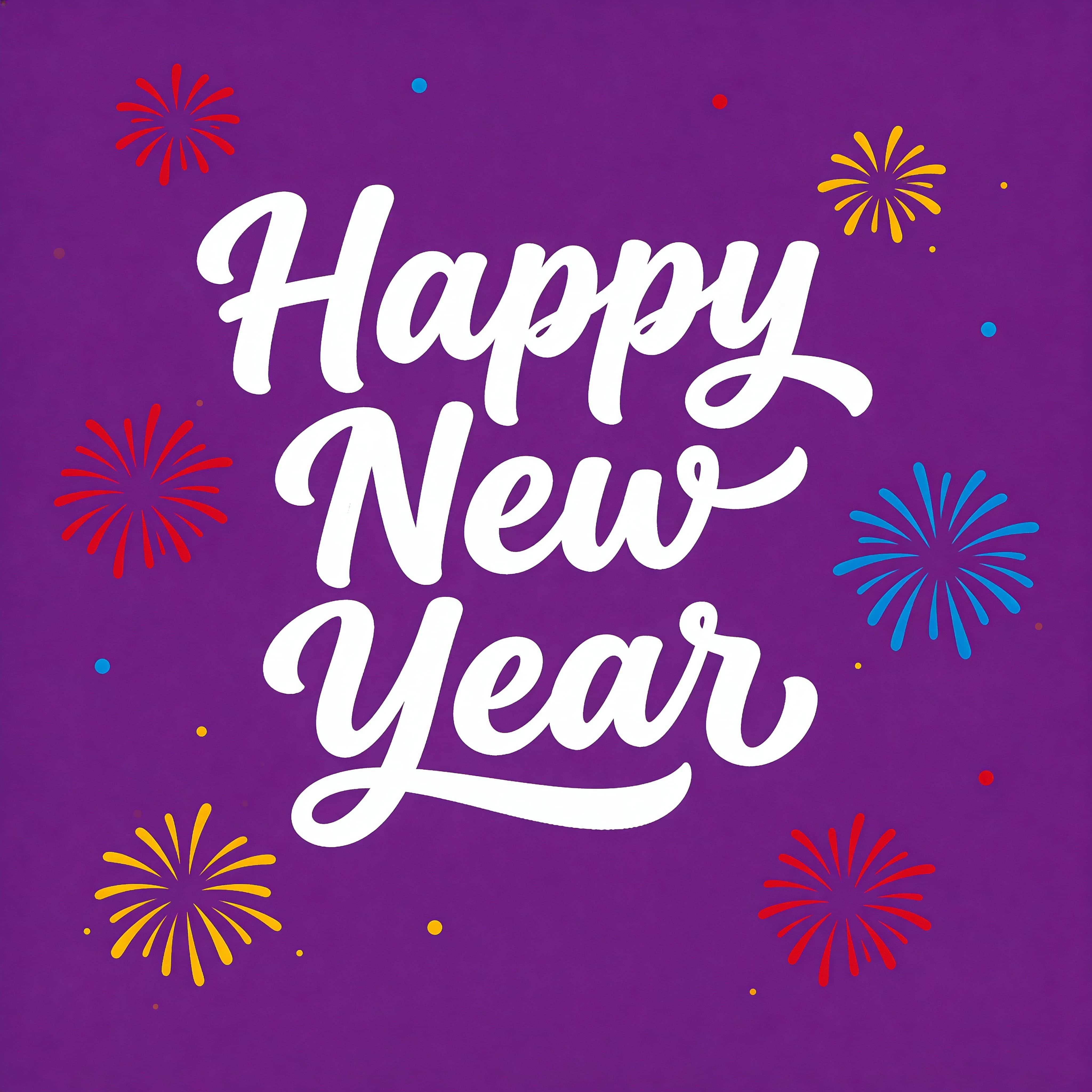 A modern flat New Year greeting with white hand-drawn stacked lettering on a rich purple background, accented by minimal red, yellow, and blue firework shapes.