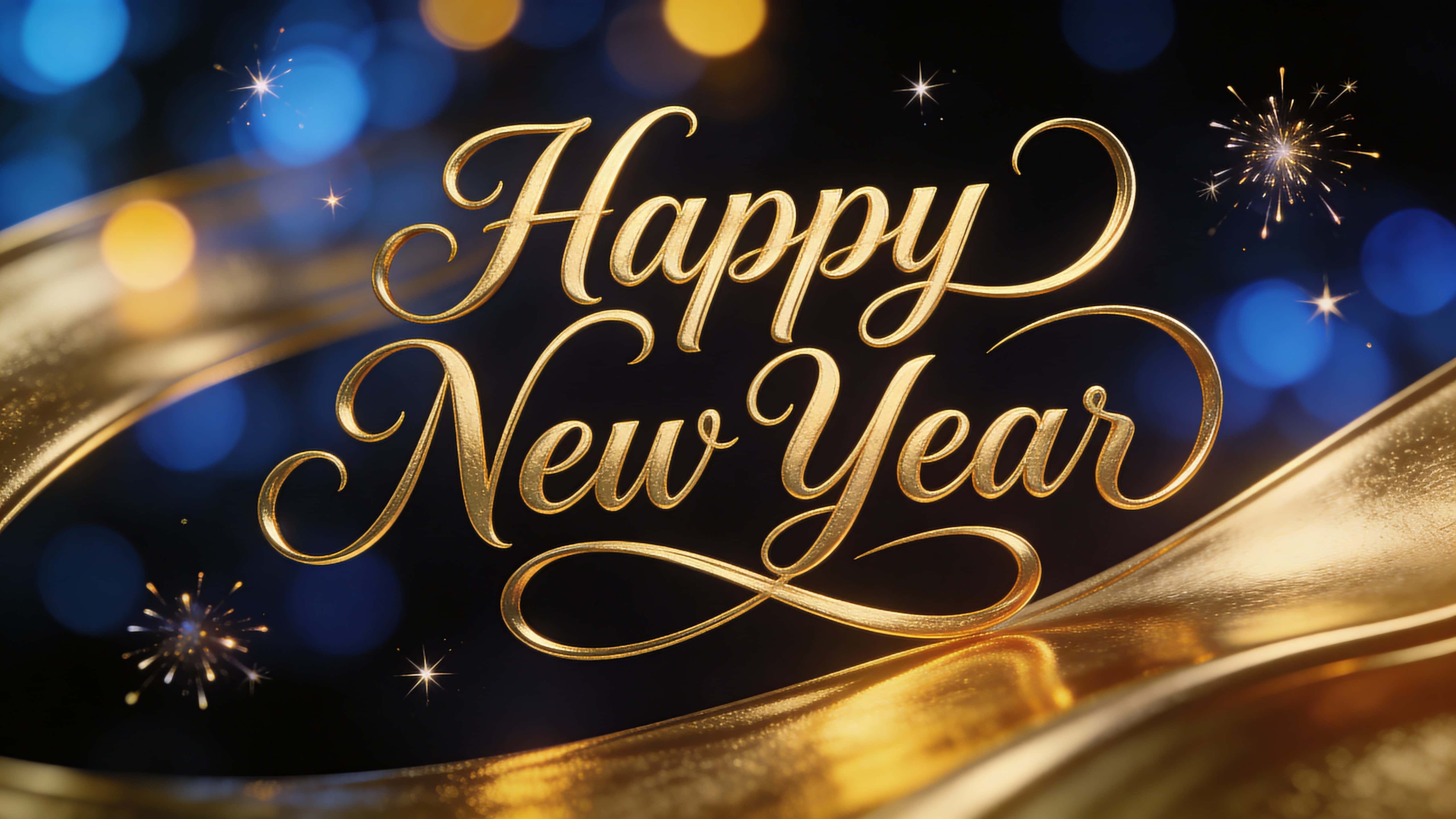 An elegant New Year greeting card centered on reflective gold script with flowing ornamental strokes, layered blue and warm-yellow bokeh on a dark backdrop and star-like fireworks.