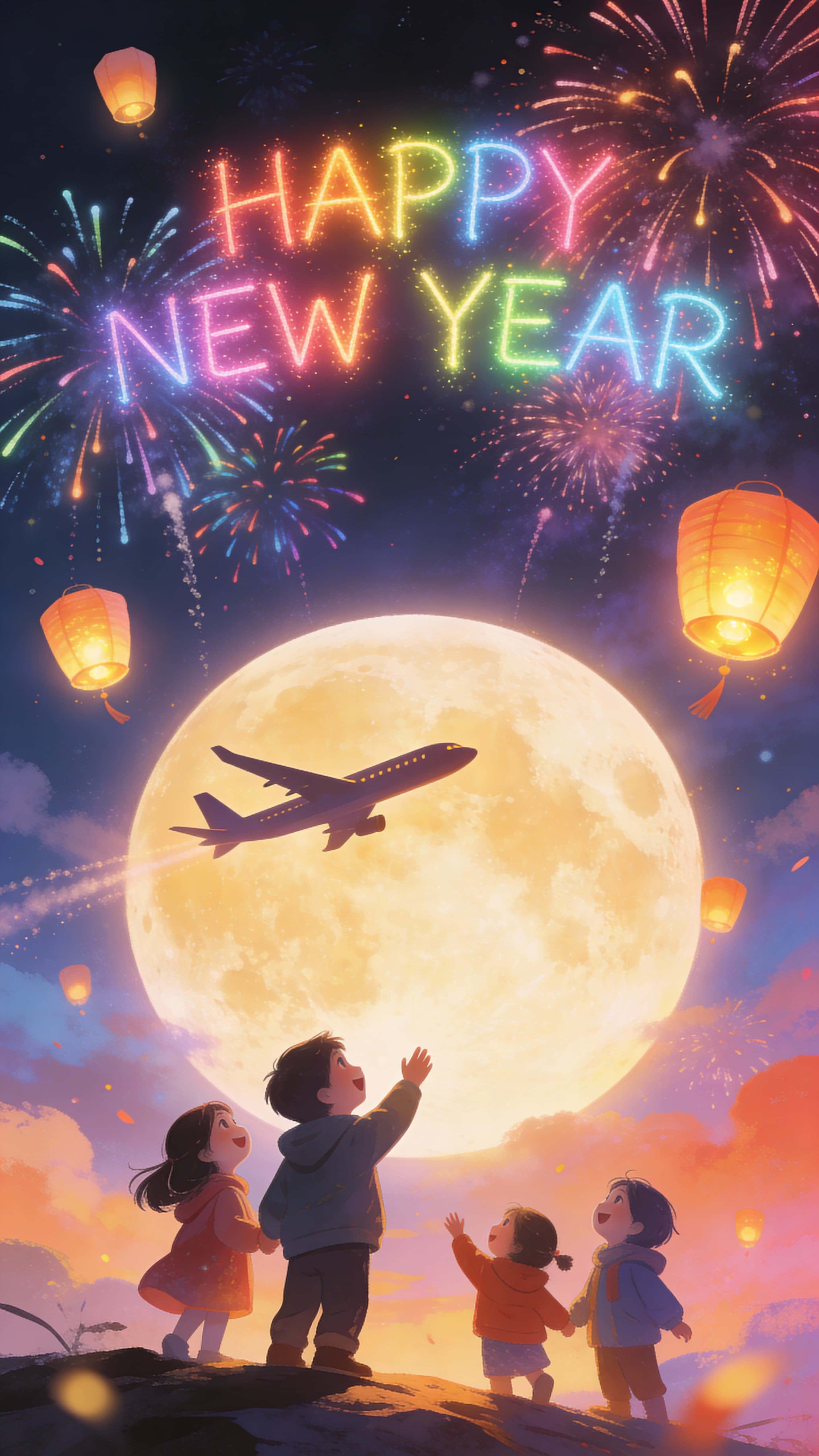 Vertical 9:16 magical New Year night scene with glowing rainbow light typography across the sky, fireworks and floating lanterns around a large glowing moon, tiny human figures in foreground.
