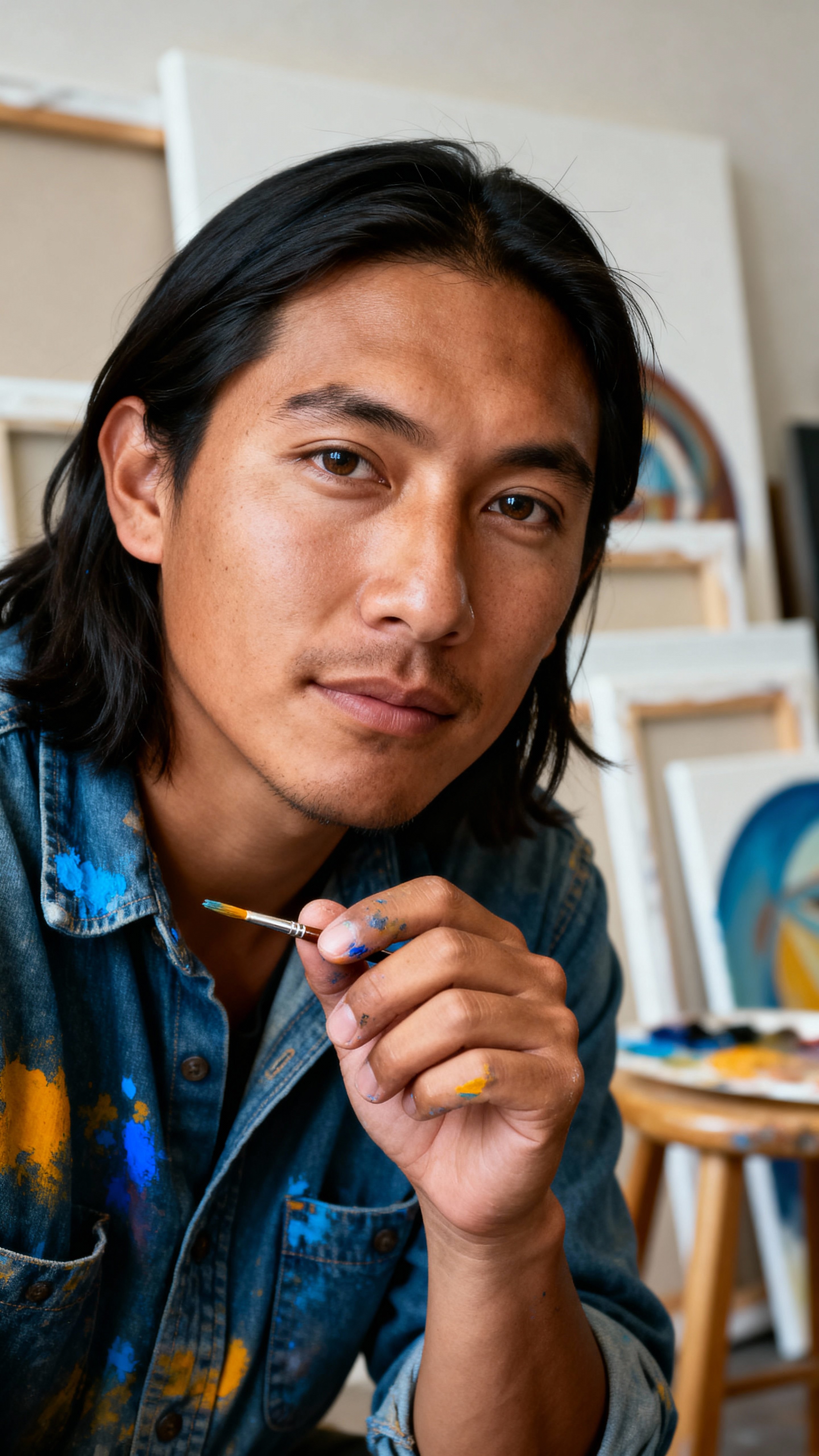 Noah, an Ojibwe painter in his early 30s pauses with a small brush in a Duluth studio; denim specked with ultramarine #3B4CCA and ochre #CC7722, warm skin #D9C7B5 and dark hair #4A2E2A against cool canvas tones #2C5D8A, headshot with crisp-