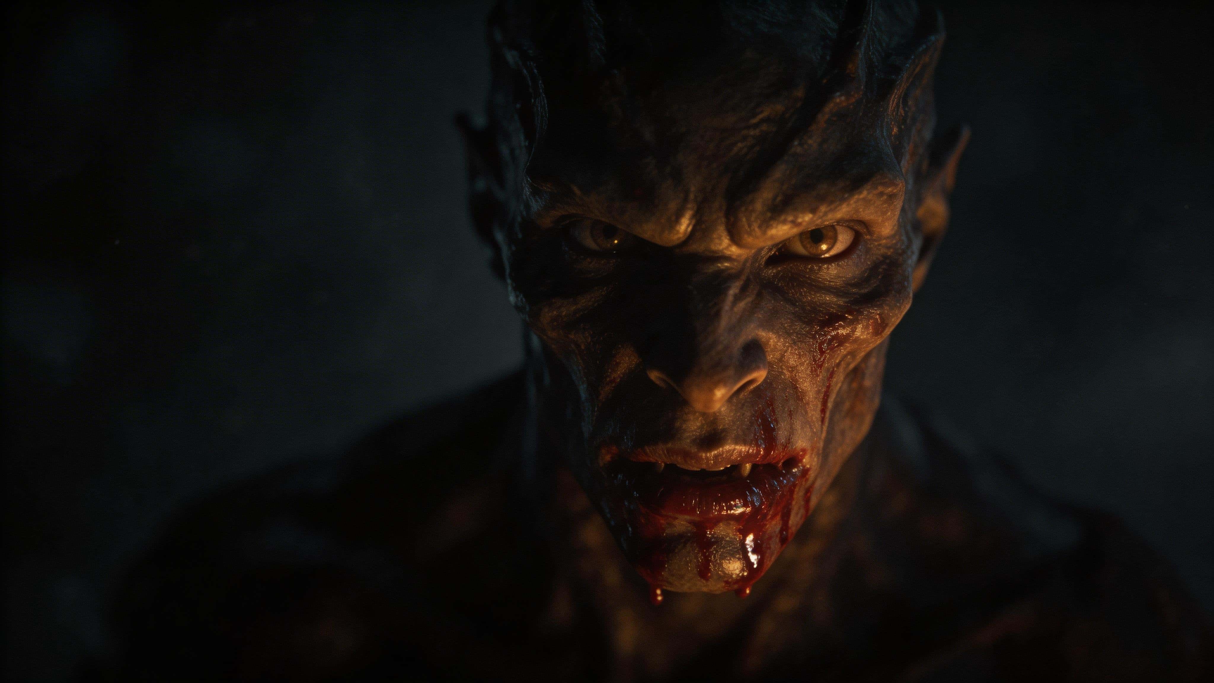 A 16:9 cinematic editorial portrait of a non-human monster in near-black haze with a blood-smeared mouth, glossy wet texture, warm amber highlights, cool charcoal shadows, subtle film grain, and an intense stare.