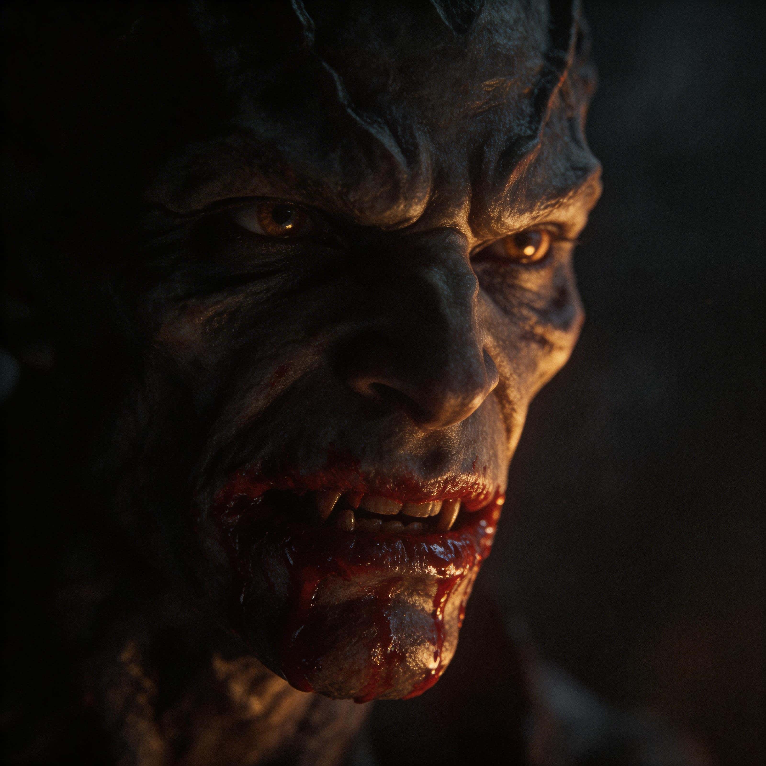 Square cinematic editorial portrait of a clearly non-human monster emerging from deep shadow with a blood-stained glossy mouth, intense gaze, amber highlights and charcoal shadows.