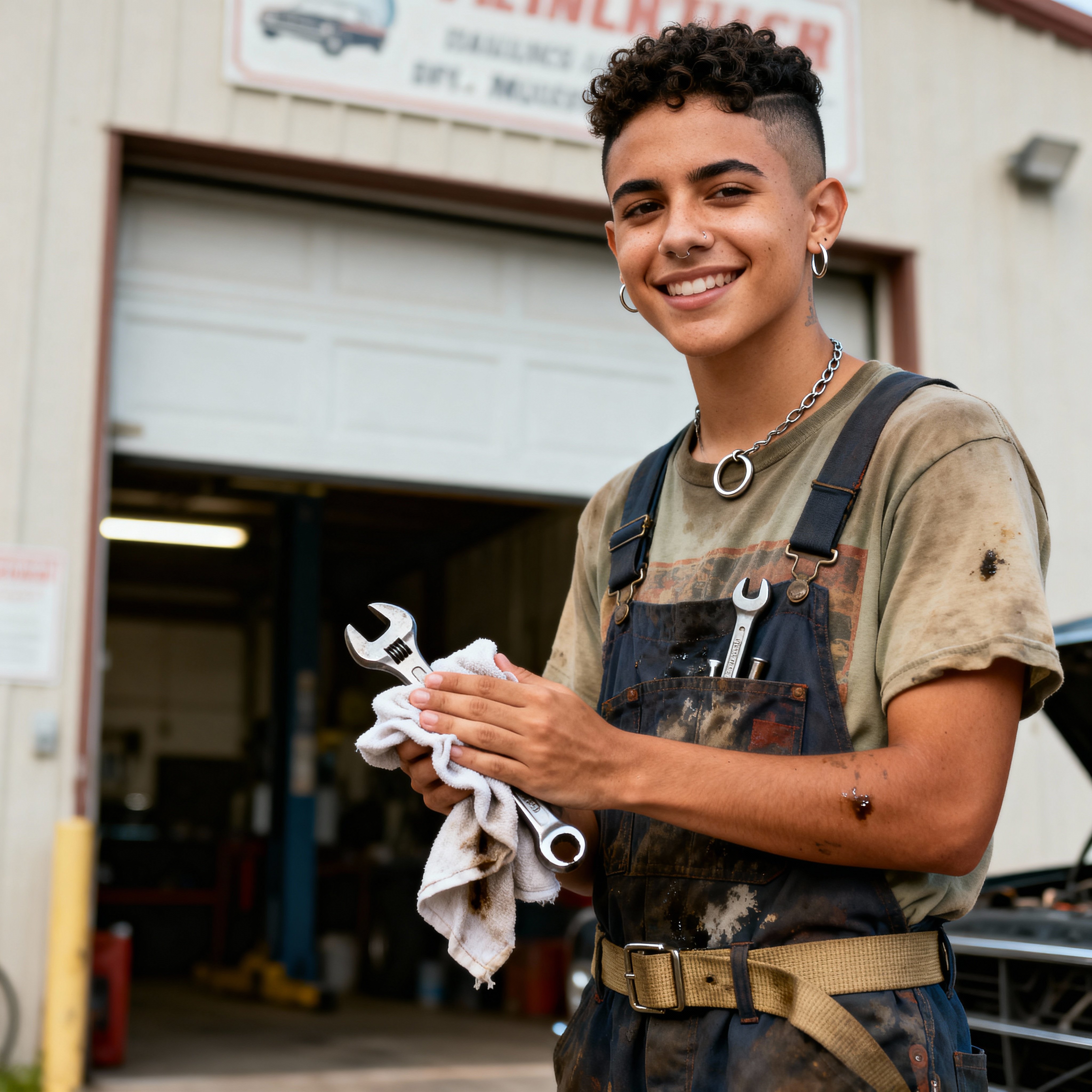 A 22-year-old Cuban American nonbinary mechanic and DIY musician wipes oil-streaked hands on a rag outside a small Tallahassee garage after a successful tune-up, half-body editorial portrait with soft even light and a warm-neutral grade.