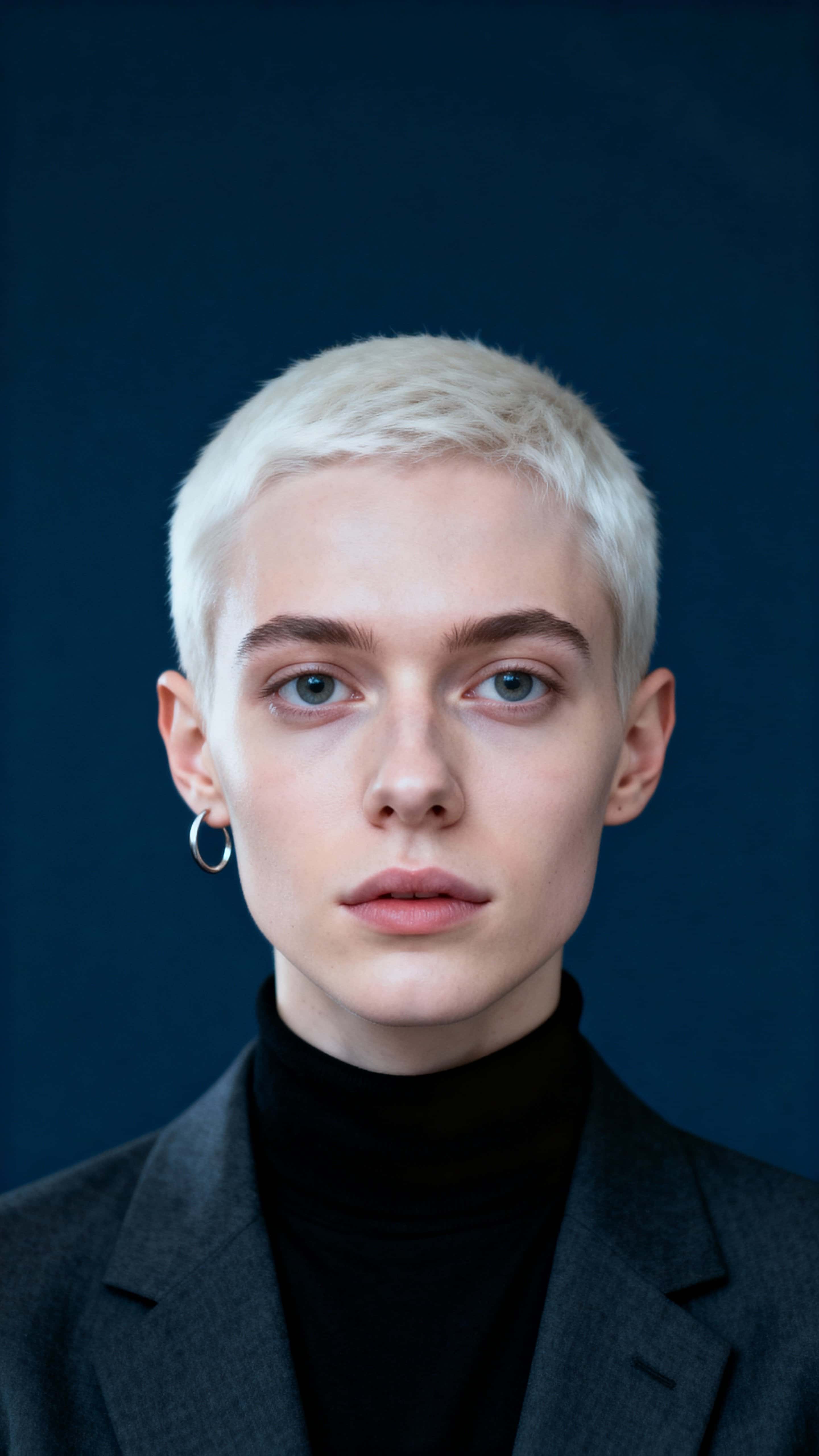Tight head-and-shoulders 9:16 portrait of a 24-year-old Northern European nonbinary person with alabaster skin, short platinum hair, charcoal blazer, silver hoop earring, and an unwavering gaze.